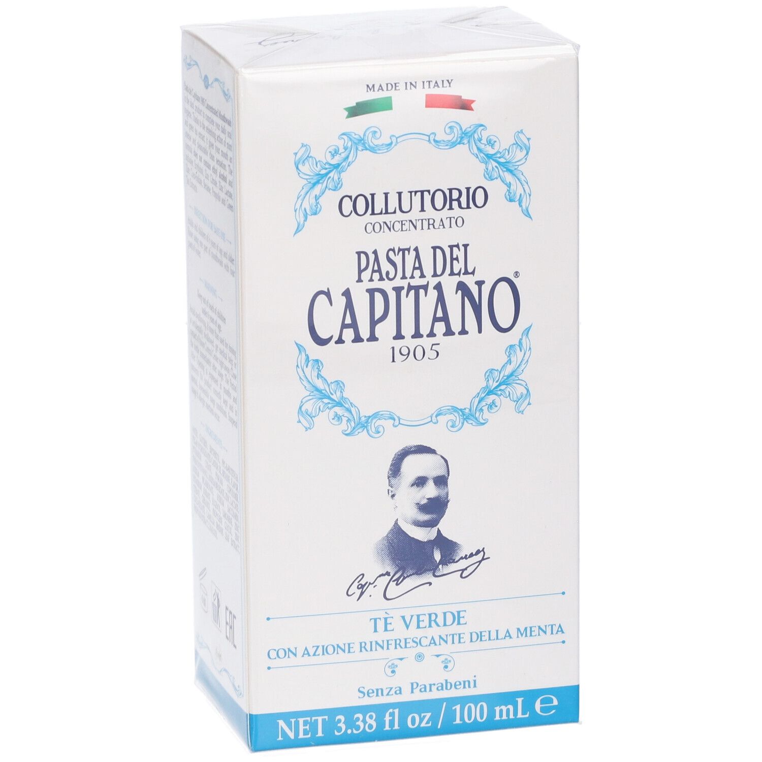 Scatola bianca con nome del prodotto. Testo: Collutorio Concentrato, Pasta Del Capitano 1905, Te Verde, 3.38 fl oz / 100 ml e.