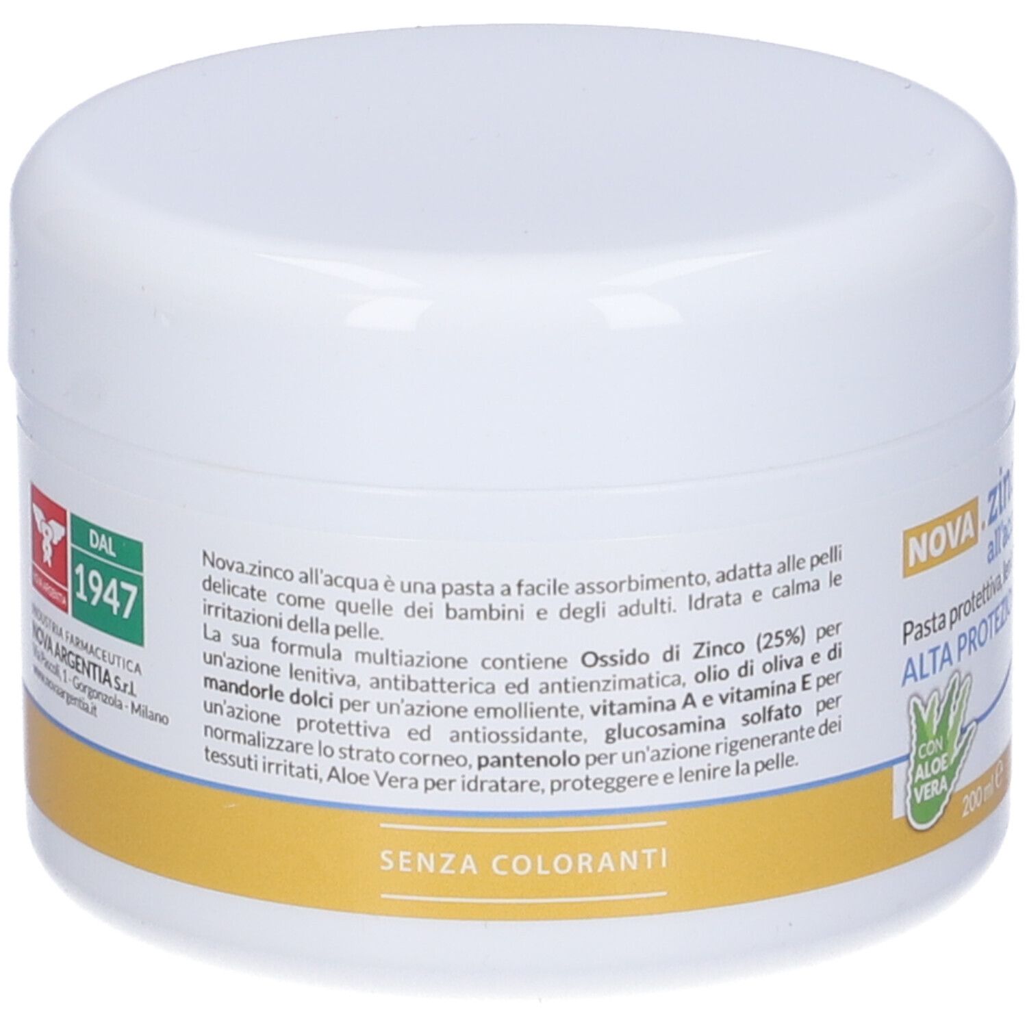 Retro del barattolo bianco. Testo: Nova Zinco all'acqua, Pasta protettiva, lenitiva ed idratante. Ingredienti e informazioni del produttore. Logo con aquila.