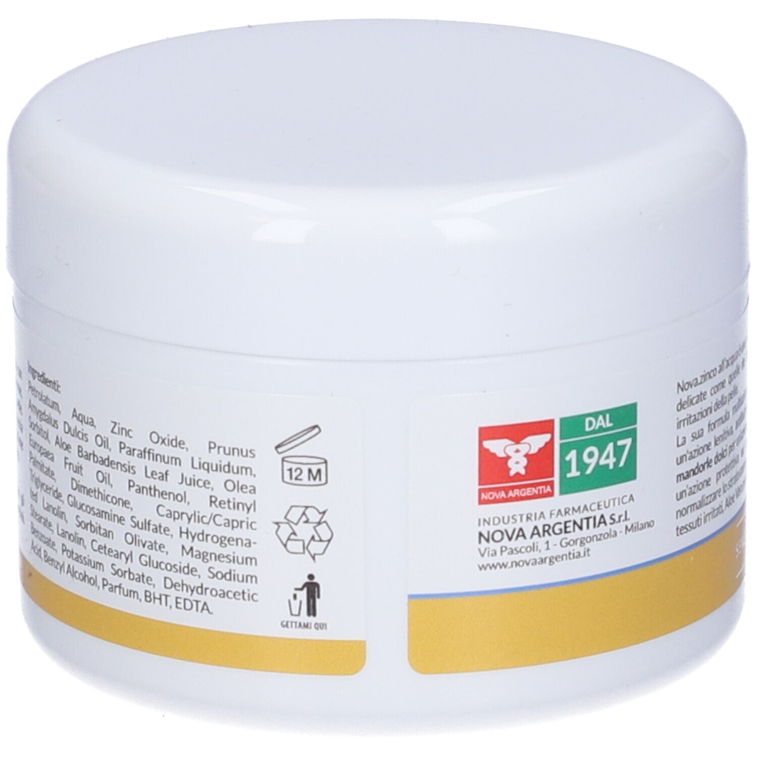 Retro del barattolo bianco. Elenco degli ingredienti e simbolo di riciclaggio. Informazioni del produttore e durata.