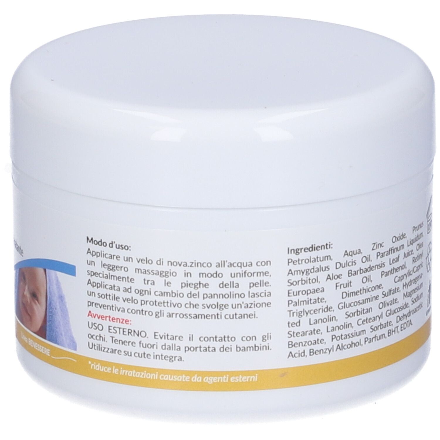 Retro del barattolo bianco. Istruzioni per l'uso e avvertenze. Elenco degli ingredienti. Informazioni del produttore.