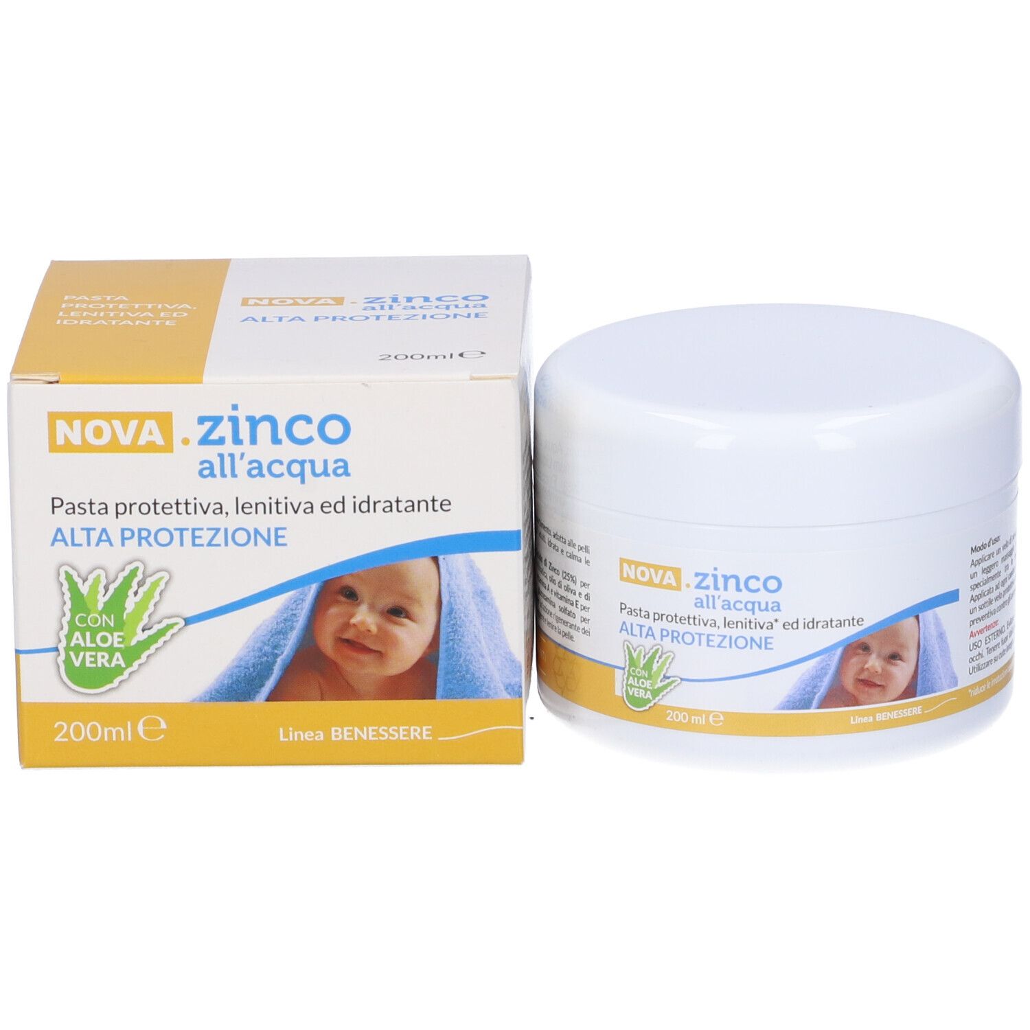 Confezione del prodotto: barattolo e scatola. Scritta: Nova Zinco all'acqua, Pasta protettiva, lenitiva ed idratante, Alta protezione. Immagine di un bambino.