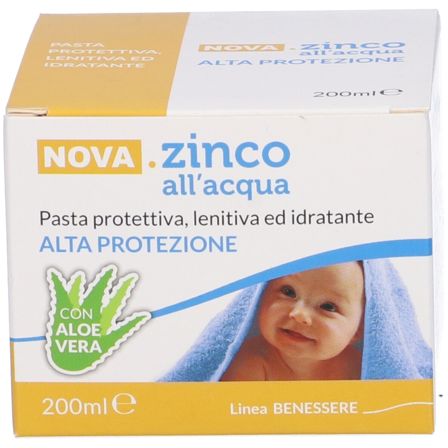 Confezione del prodotto: scatola. Scritta: Nova Zinco all'acqua, Pasta protettiva, lenitiva ed idratante, Alta protezione. Immagine di un bambino.