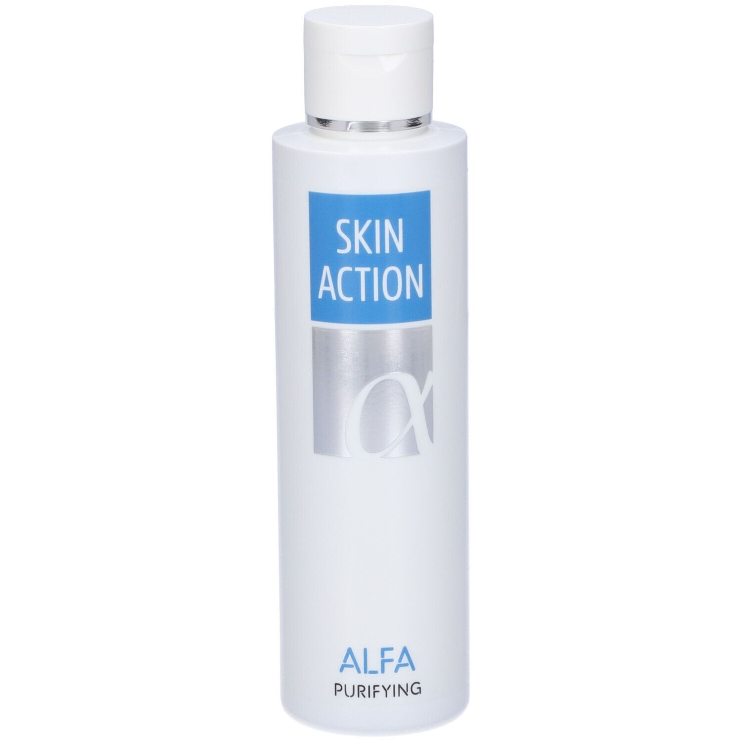 Flacone bianco con tappo bianco. Scritta: SKIN ACTION, ALFA PURIFYING. Etichetta blu con logo.
