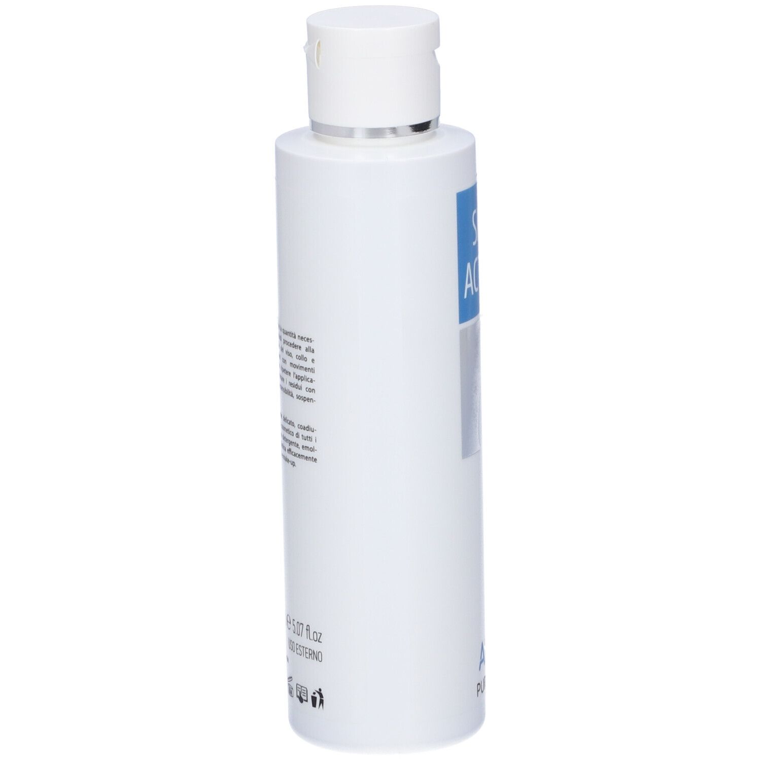 Flacone bianco con tappo bianco. SKIN ACTION, ALFA PURIFYING. Etichetta blu con logo. Testo sul retro.