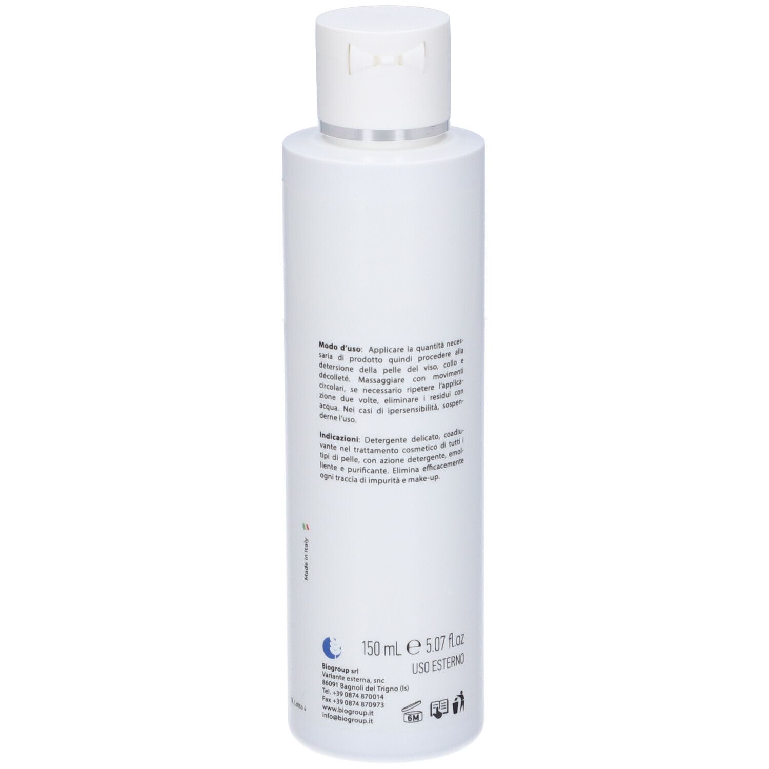 Flacone bianco con tappo bianco. SKIN ACTION, ALFA PURIFYING. Retro con testo, volume 150 ml.