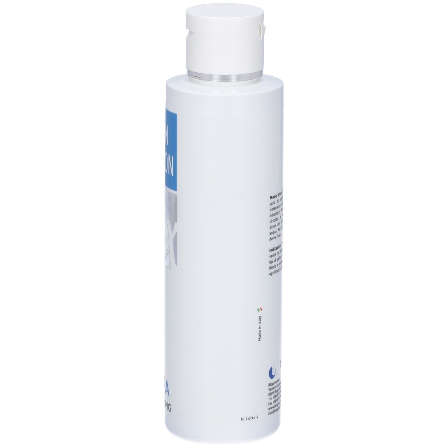 Flacone bianco con tappo bianco. SKIN ACTION, ALFA PURIFYING. Etichetta blu con logo. Vista posteriore.