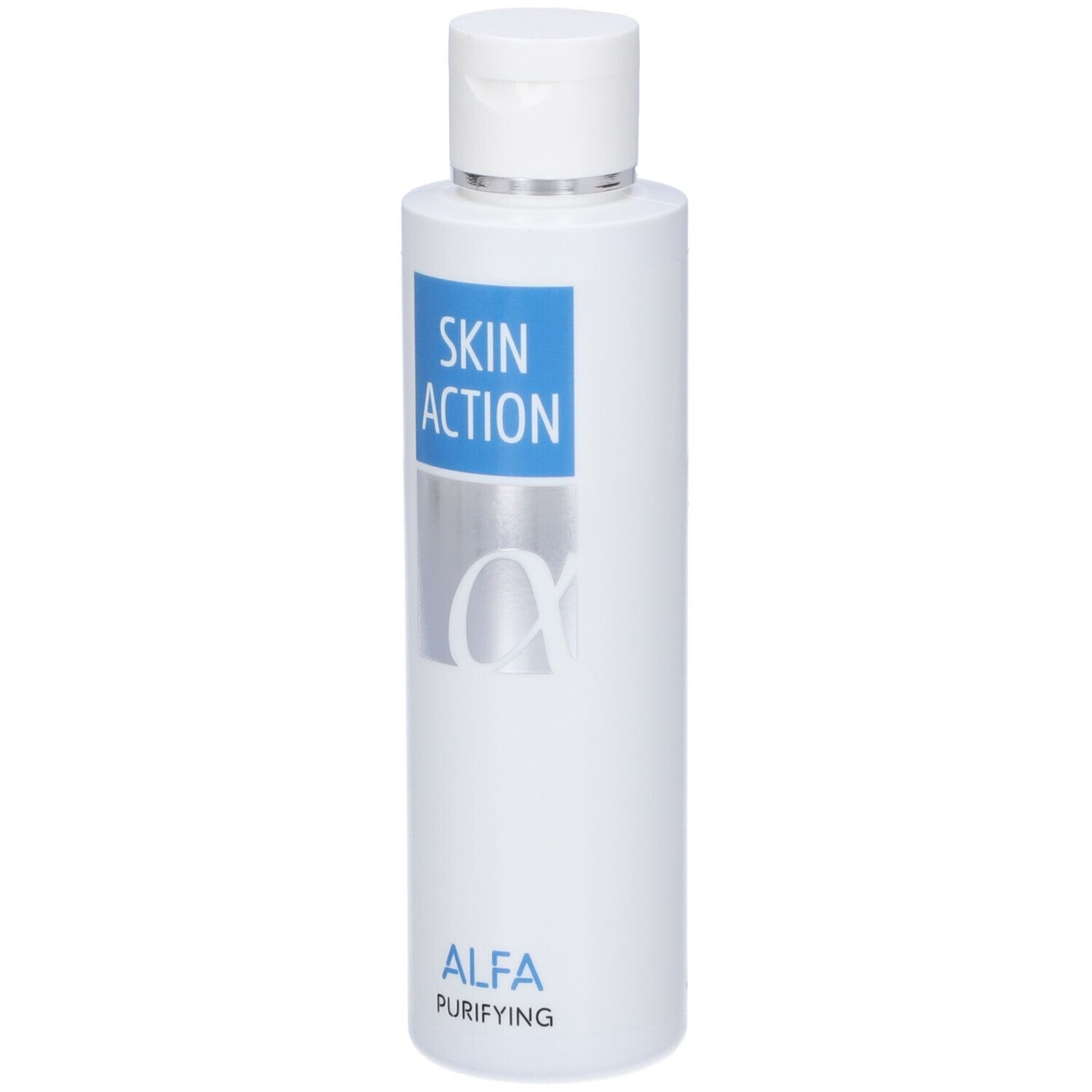 Flacone bianco con tappo bianco. Scritta: SKIN ACTION, ALFA PURIFYING. Etichetta blu con logo.