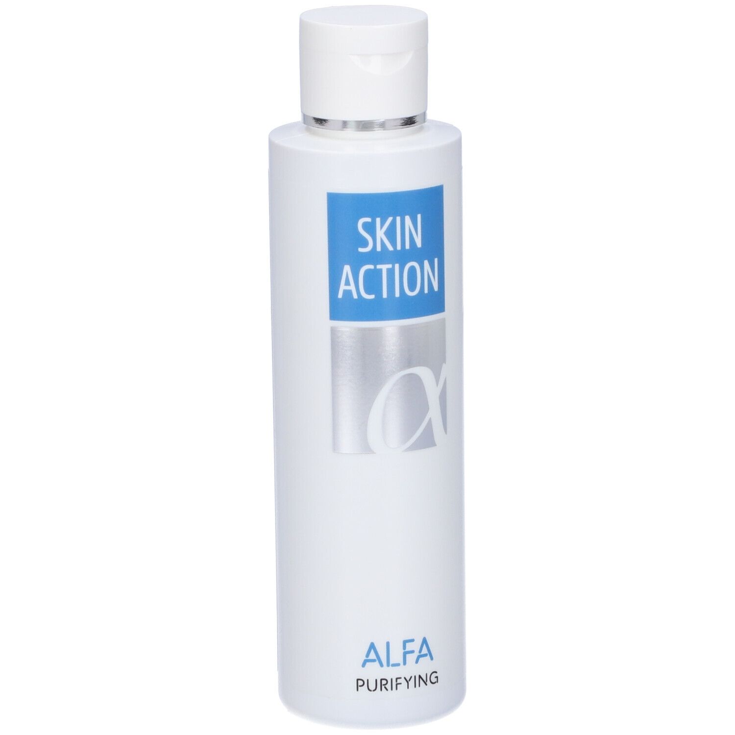 Flacone bianco con tappo bianco. Scritta: SKIN ACTION, ALFA PURIFYING. Etichetta blu con logo.