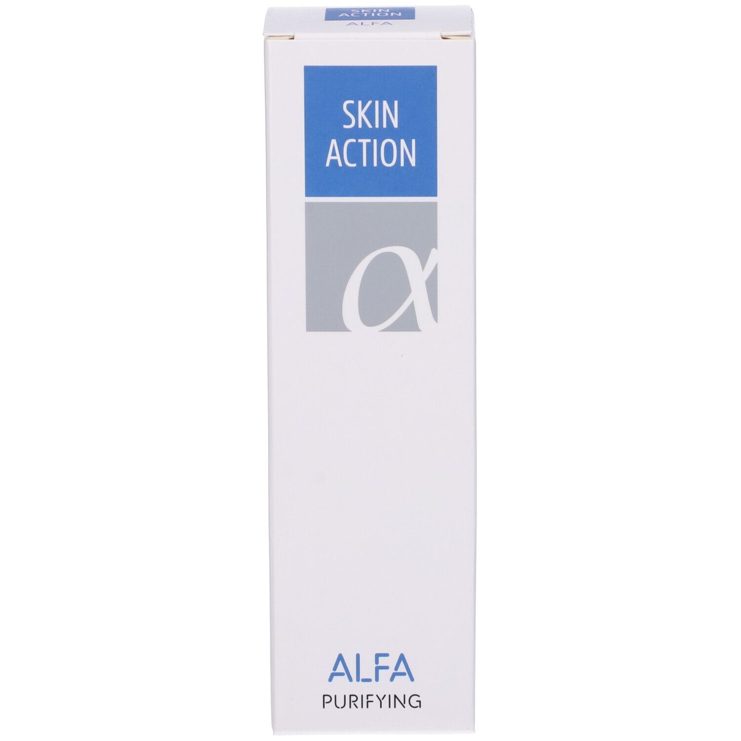 Confezione bianca con testo blu. Scritta: SKIN ACTION, ALFA PURIFYING. Logo.