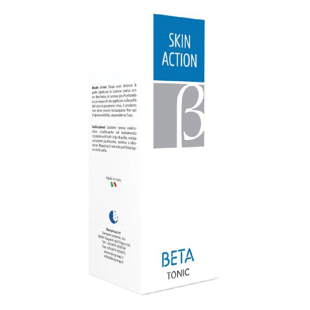 Confezione bianca con scritta blu SKIN ACTION e BETA TONIC. Sulla confezione sono riportate informazioni e loghi.