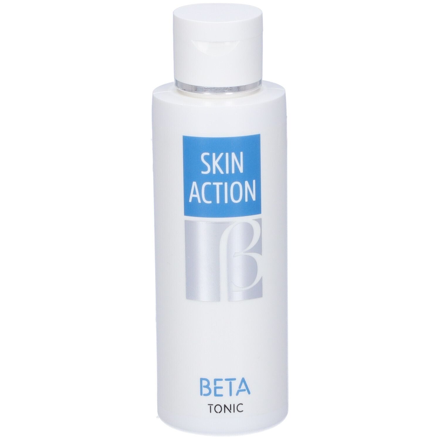 Flacone bianco con etichetta blu SKIN ACTION e BETA TONIC. Tappo bianco.