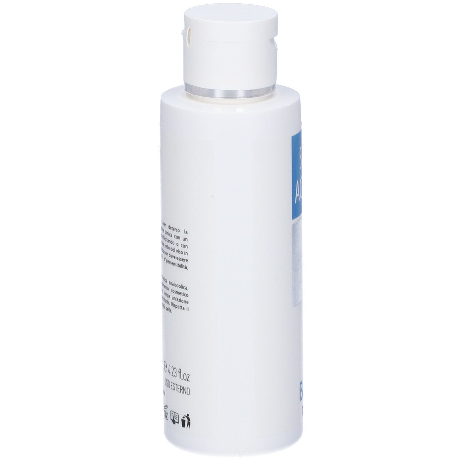 Flacone bianco con etichetta blu SKIN ACTION e BETA TONIC. Retro con testo.