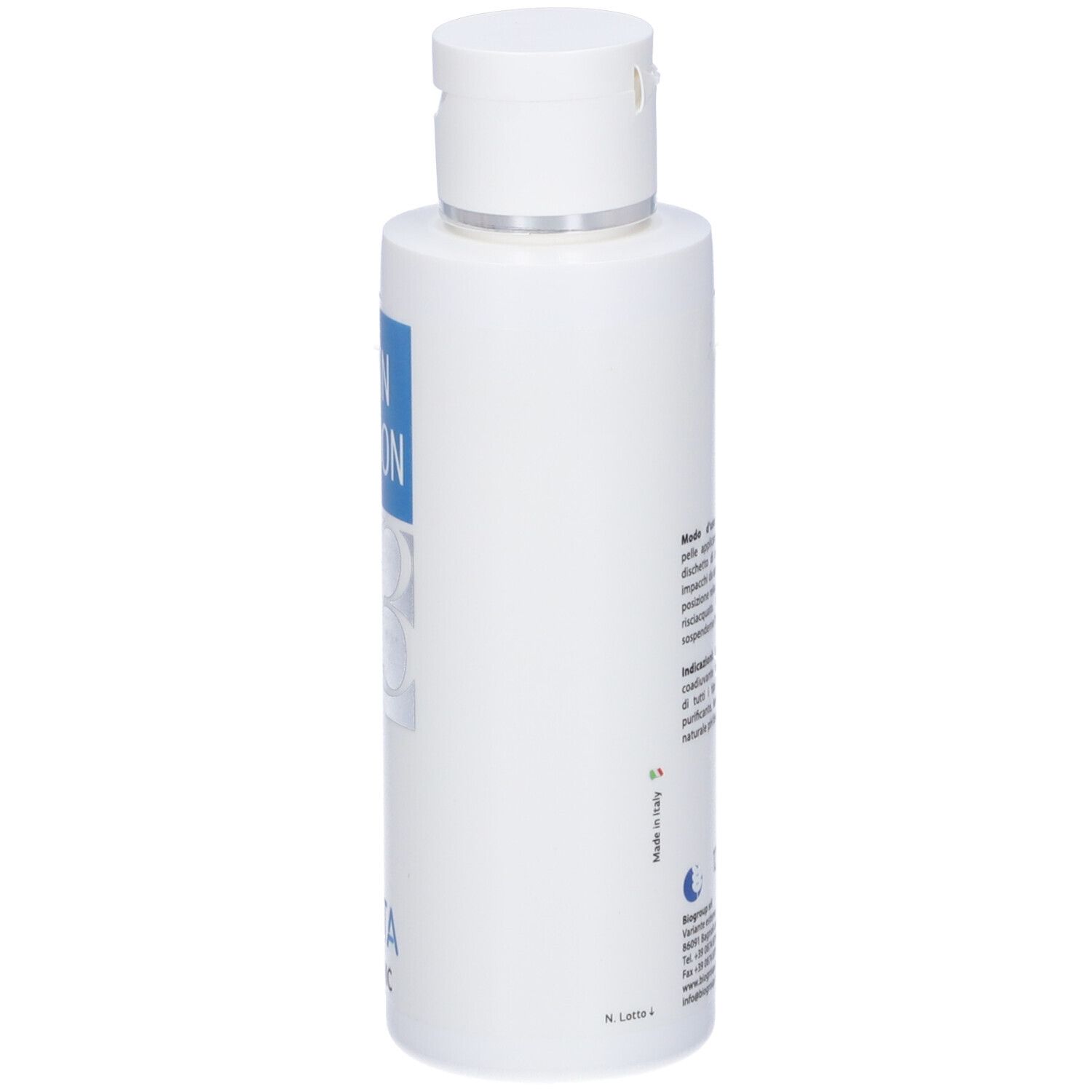 Flacone bianco con etichetta blu SKIN ACTION e BETA TONIC. Retro con testo.