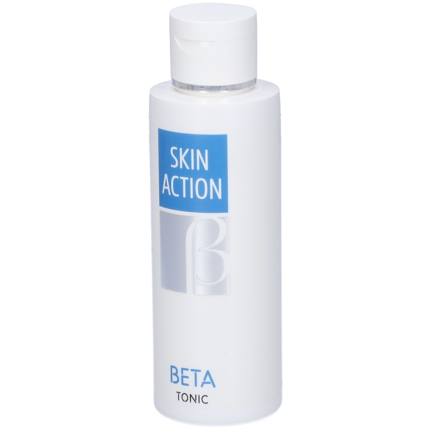 Flacone bianco con etichetta blu SKIN ACTION e BETA TONIC. Retro con testo.