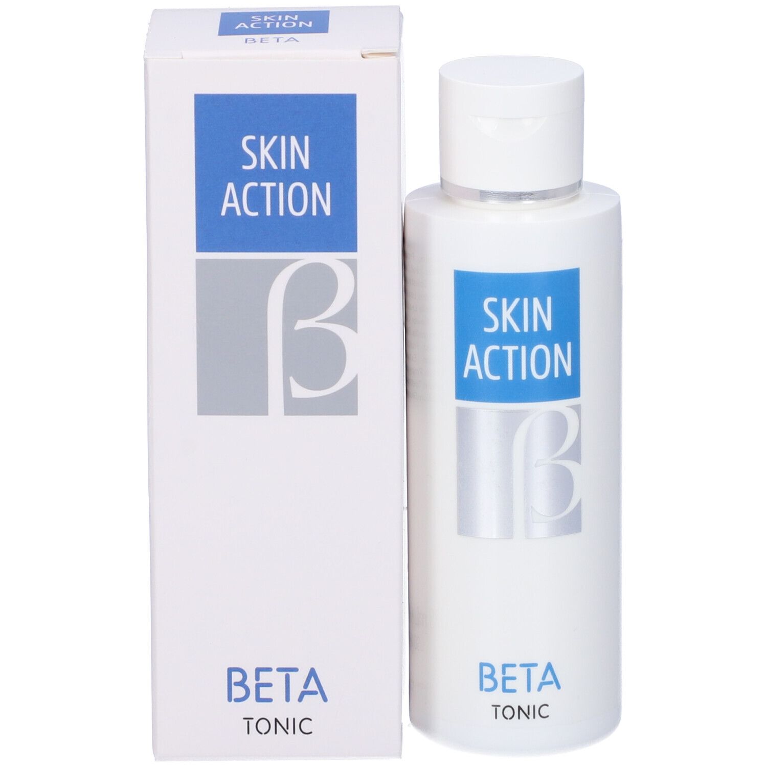 Flacone bianco e confezione con etichetta blu SKIN ACTION e BETA TONIC.