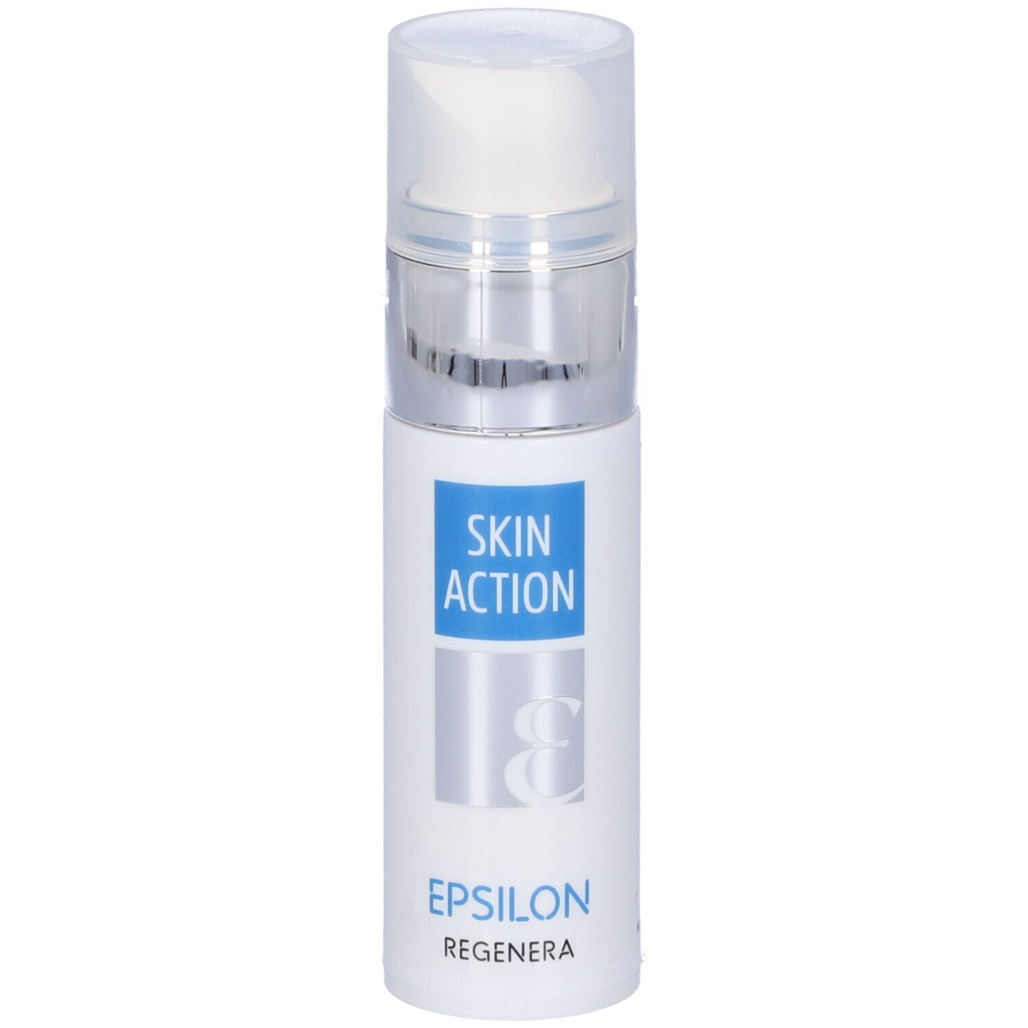 Flacone bianco con erogatore argentato. Testo: Skin Action Epsilon Regenera. Etichetta blu con logo.