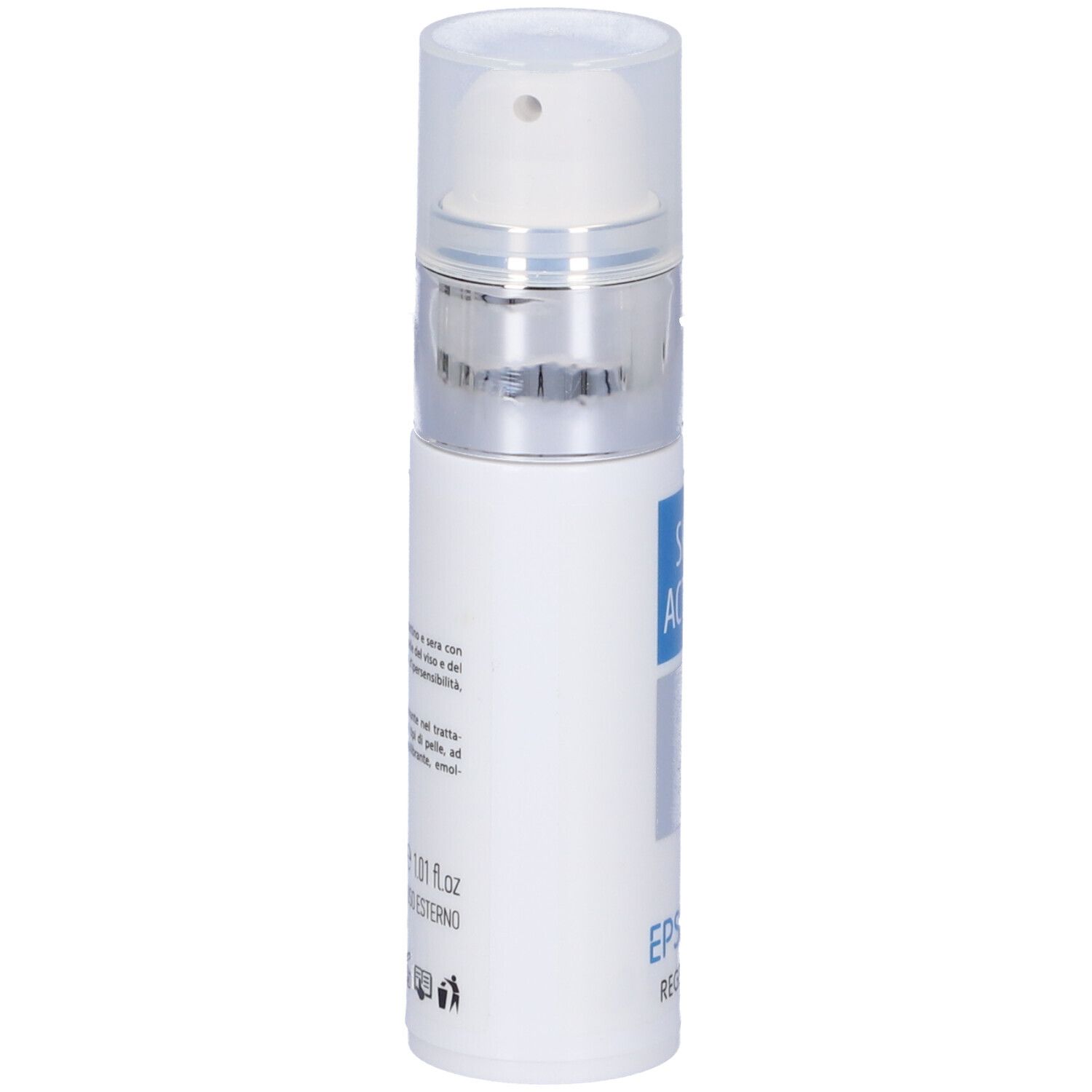 Flacone bianco con erogatore argentato. Testo: Skin Action Epsilon Regenera. Scritte in italiano.