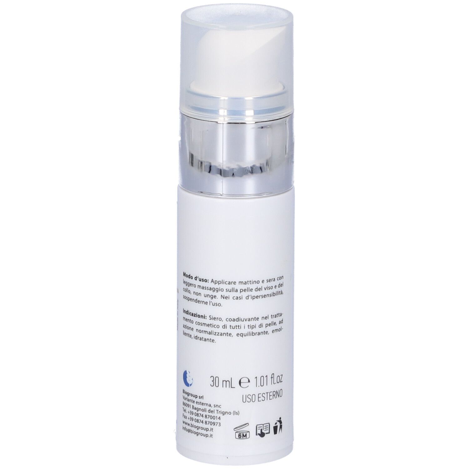 Flacone bianco con erogatore argentato. Testo: Skin Action Epsilon Regenera. Scritte in italiano.