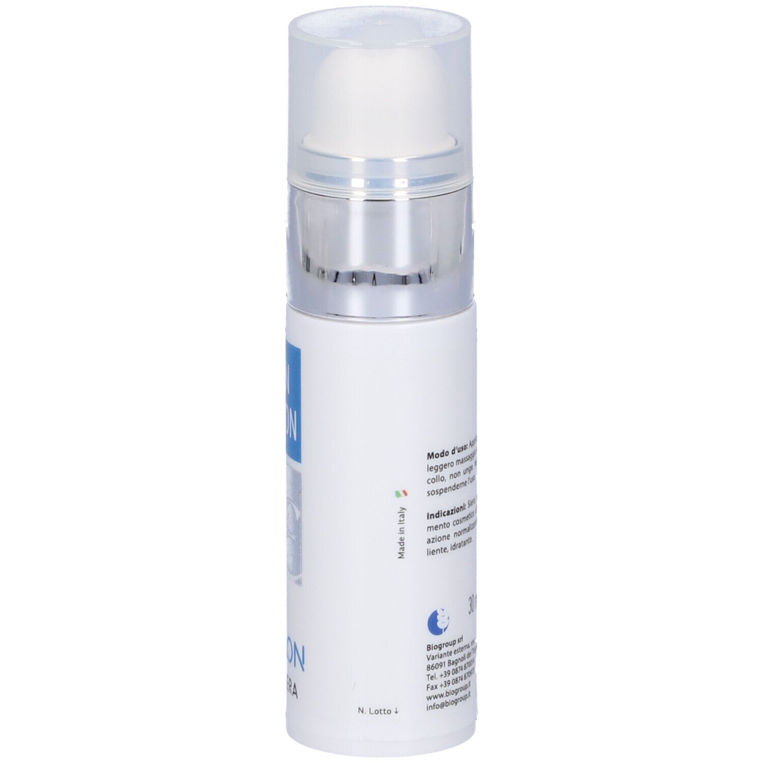Flacone bianco con erogatore argentato. Testo: Skin Action Epsilon Regenera. Scritte in italiano.