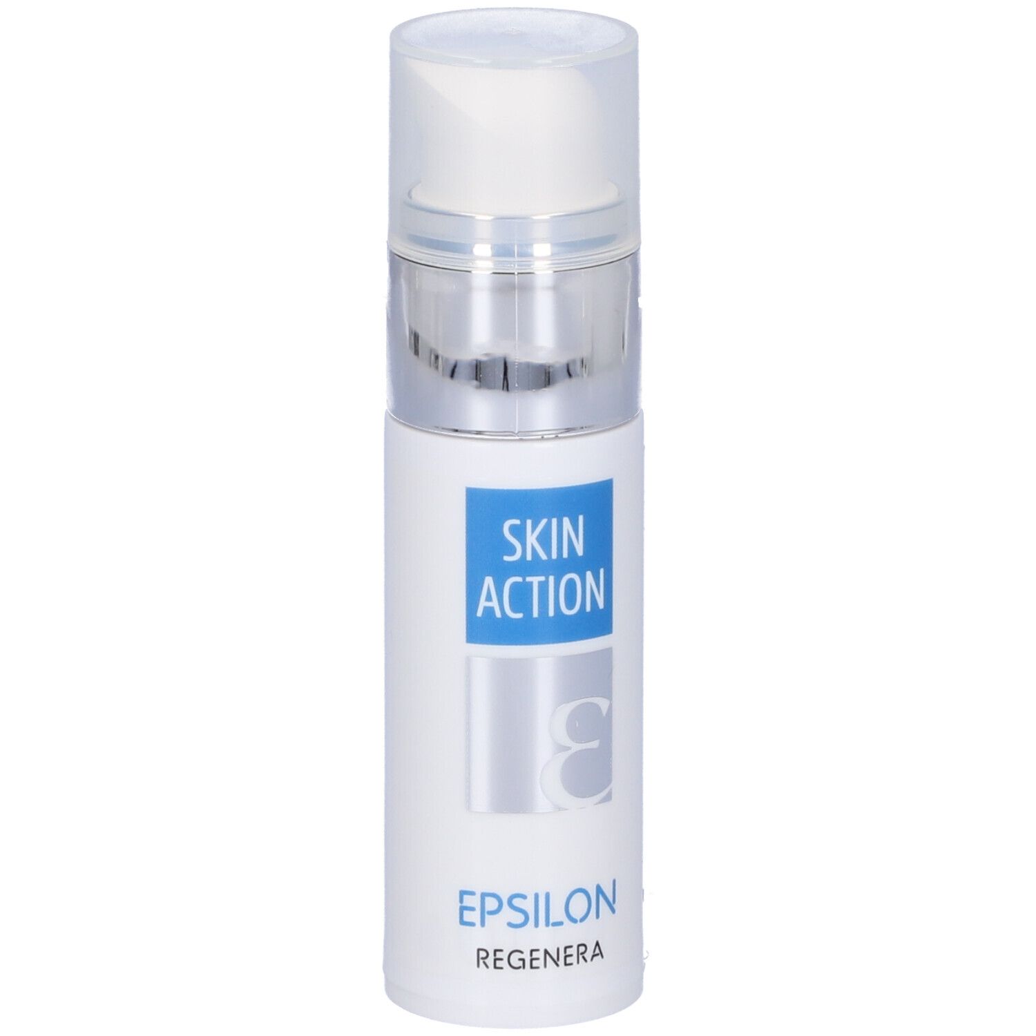 Flacone bianco con erogatore argentato. Testo: Skin Action Epsilon Regenera. Scritte in italiano.