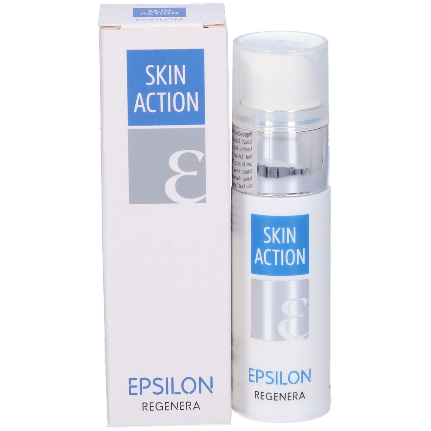 Flacone bianco con erogatore argentato e confezione. Testo: Skin Action Epsilon Regenera.