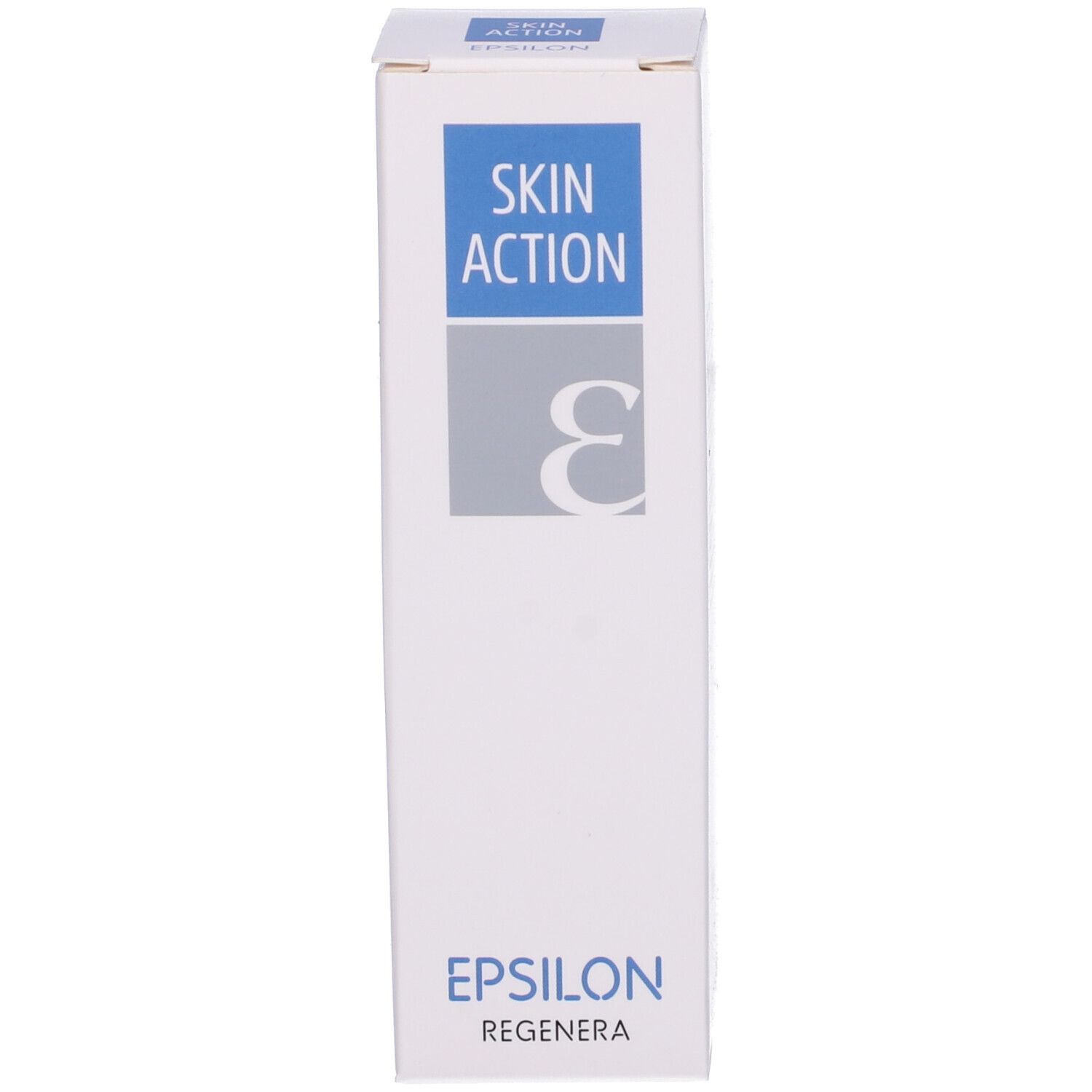 Confezione bianca con scritte blu e grigie. Testo: Skin Action Epsilon Regenera.