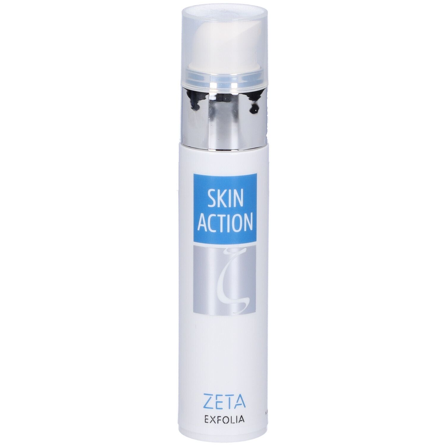 Flacone bianco con erogatore argentato. Scritta blu: SKIN ACTION, ZETA EXFOLIA. Vista del prodotto.