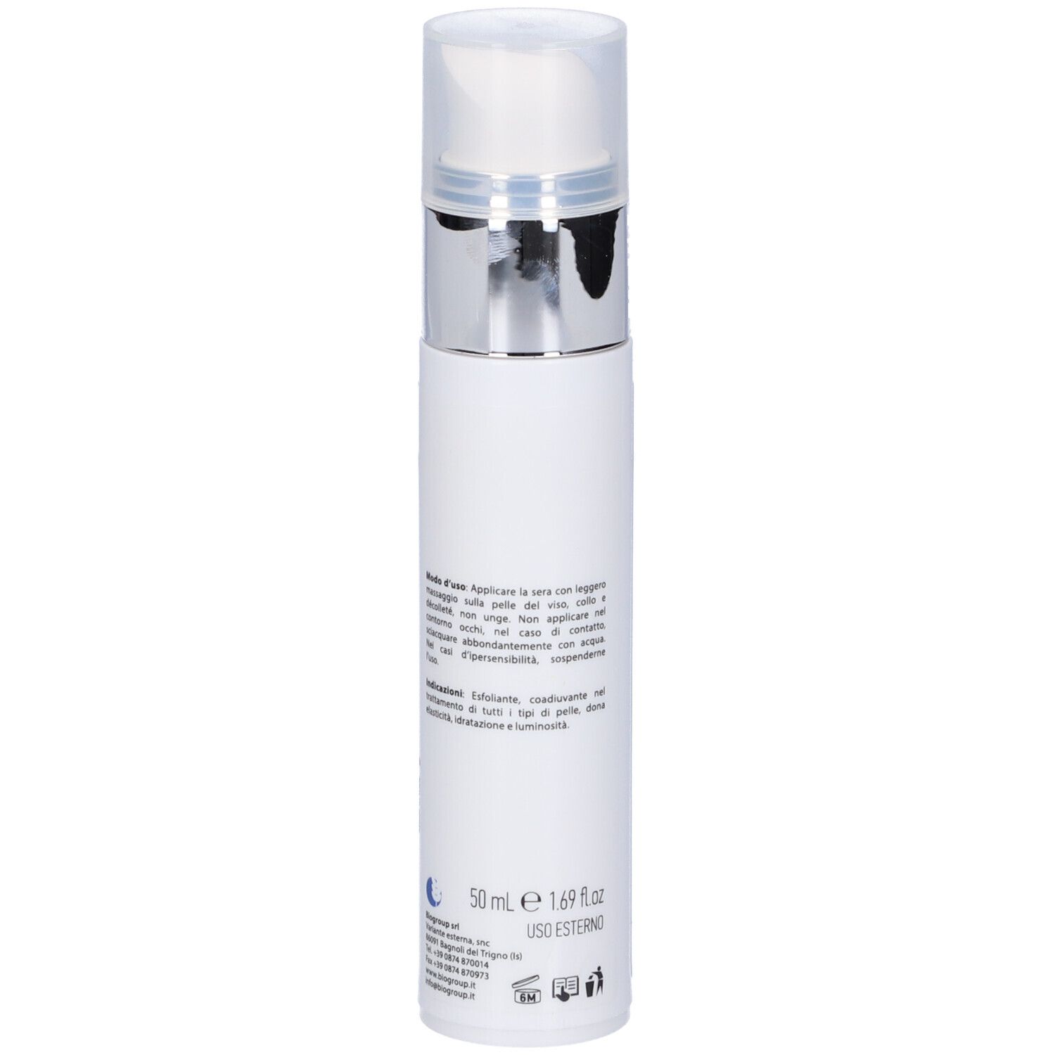 Flacone bianco con erogatore argentato. Scritta blu: SKIN ACTION, ZETA EXFOLIA. Retro con testo.