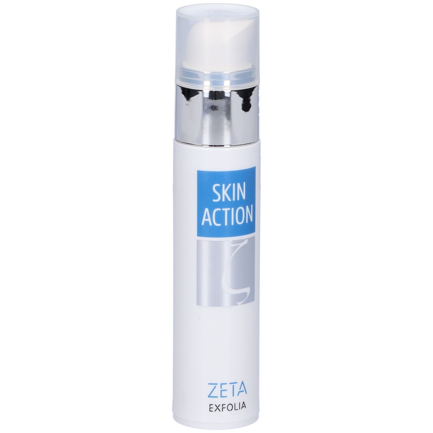 Flacone bianco con erogatore argentato. Scritta blu: SKIN ACTION, ZETA EXFOLIA. Vista del prodotto.