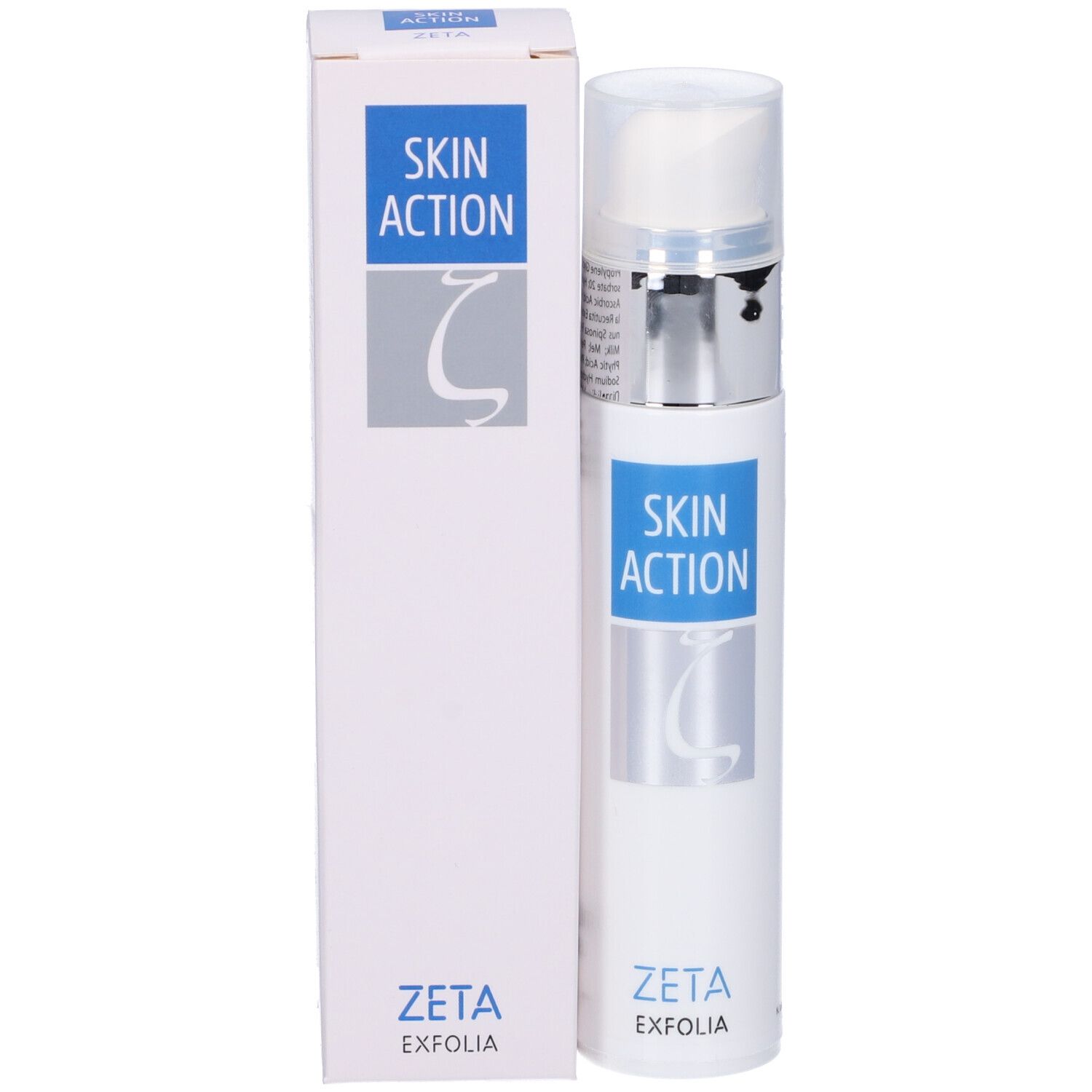 Prodotto e confezione. Flacone bianco con erogatore argentato e confezione. SKIN ACTION, ZETA EXFOLIA.