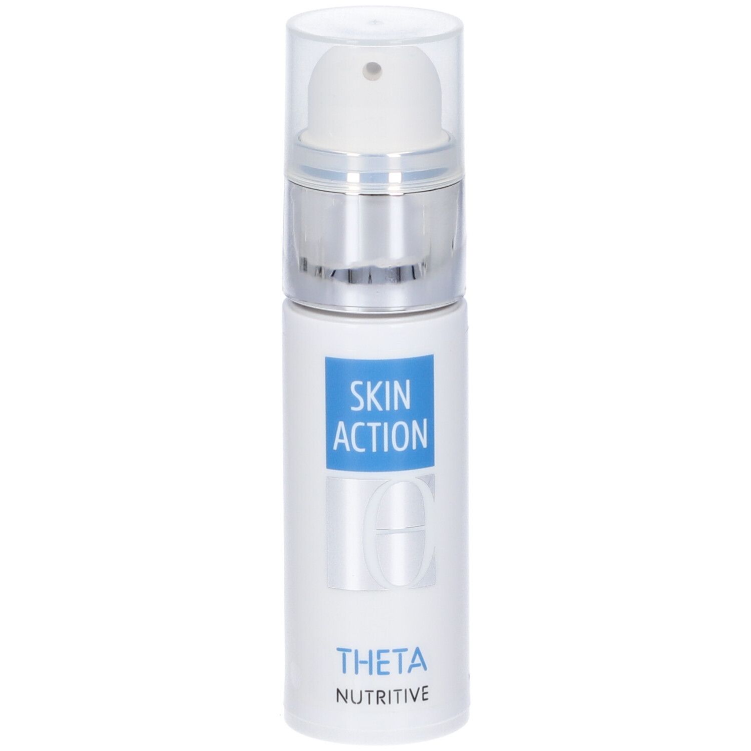 Flacone bianco con SKIN ACTION THETA NUTRITIVE. Stampa blu. Chiusura a pompa. Anello argentato. Trasparente.