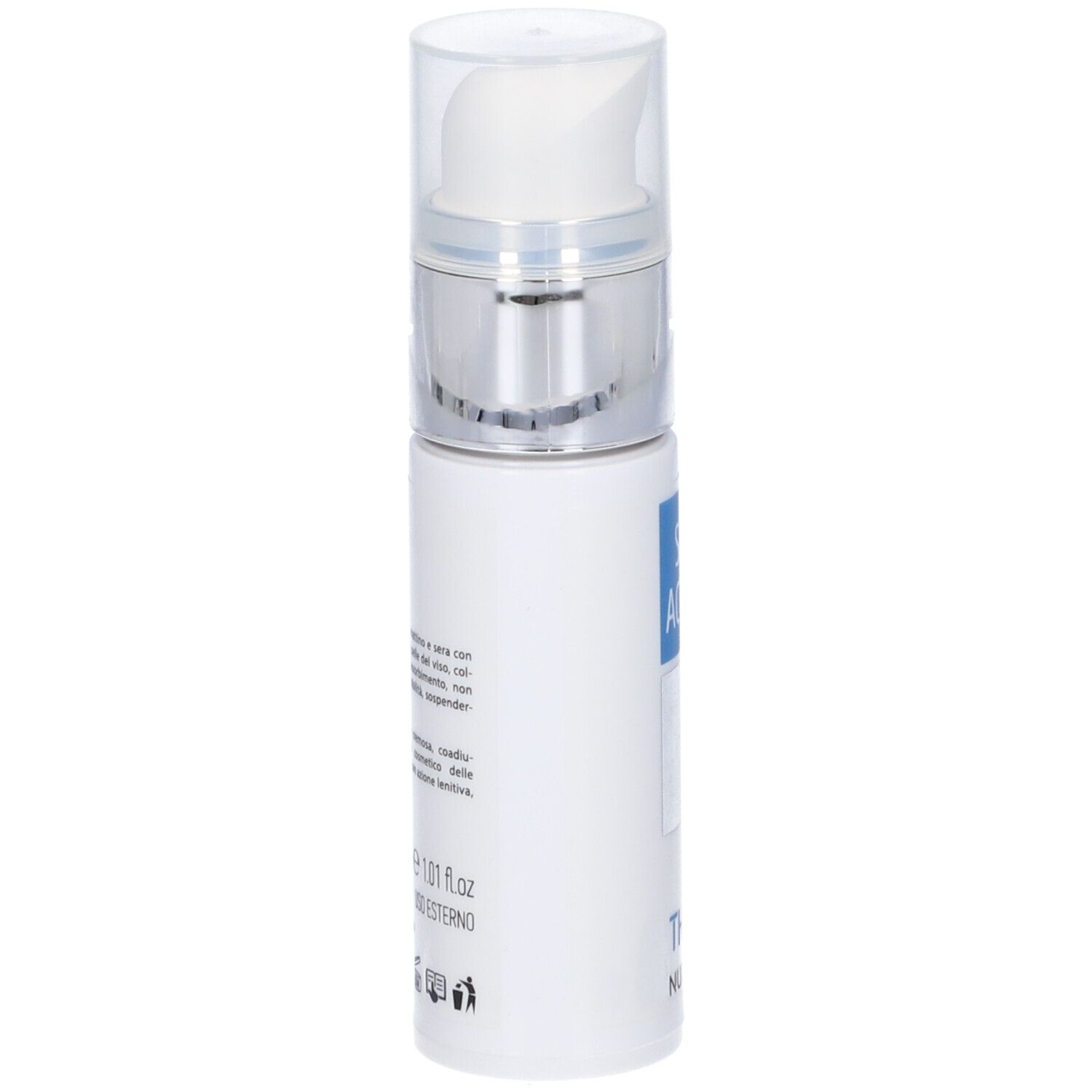 Flacone bianco con SKIN ACTION THETA NUTRITIVE. Stampa blu. Chiusura a pompa. Anello argentato. Trasparente.