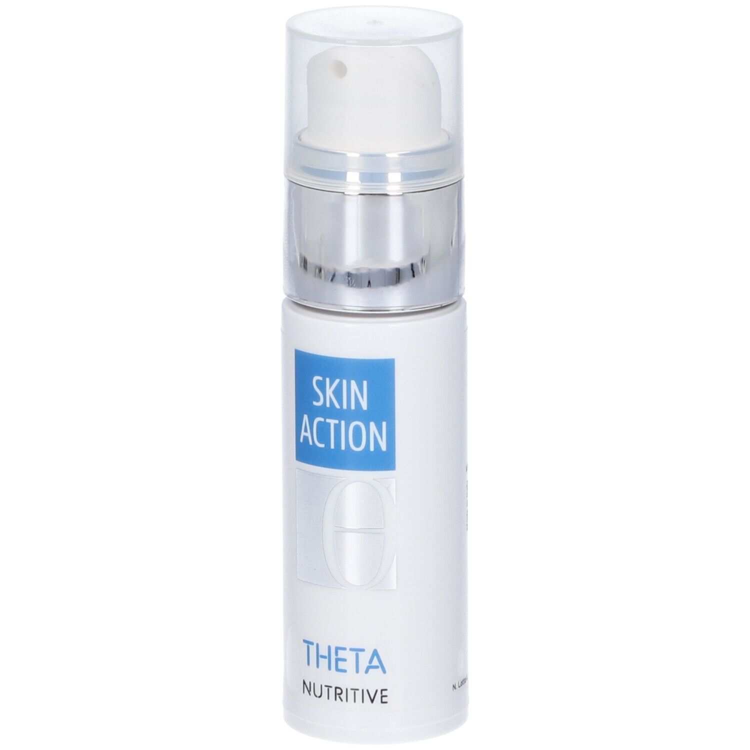 Flacone bianco con SKIN ACTION THETA NUTRITIVE. Stampa blu. Chiusura a pompa. Anello argentato. Trasparente.