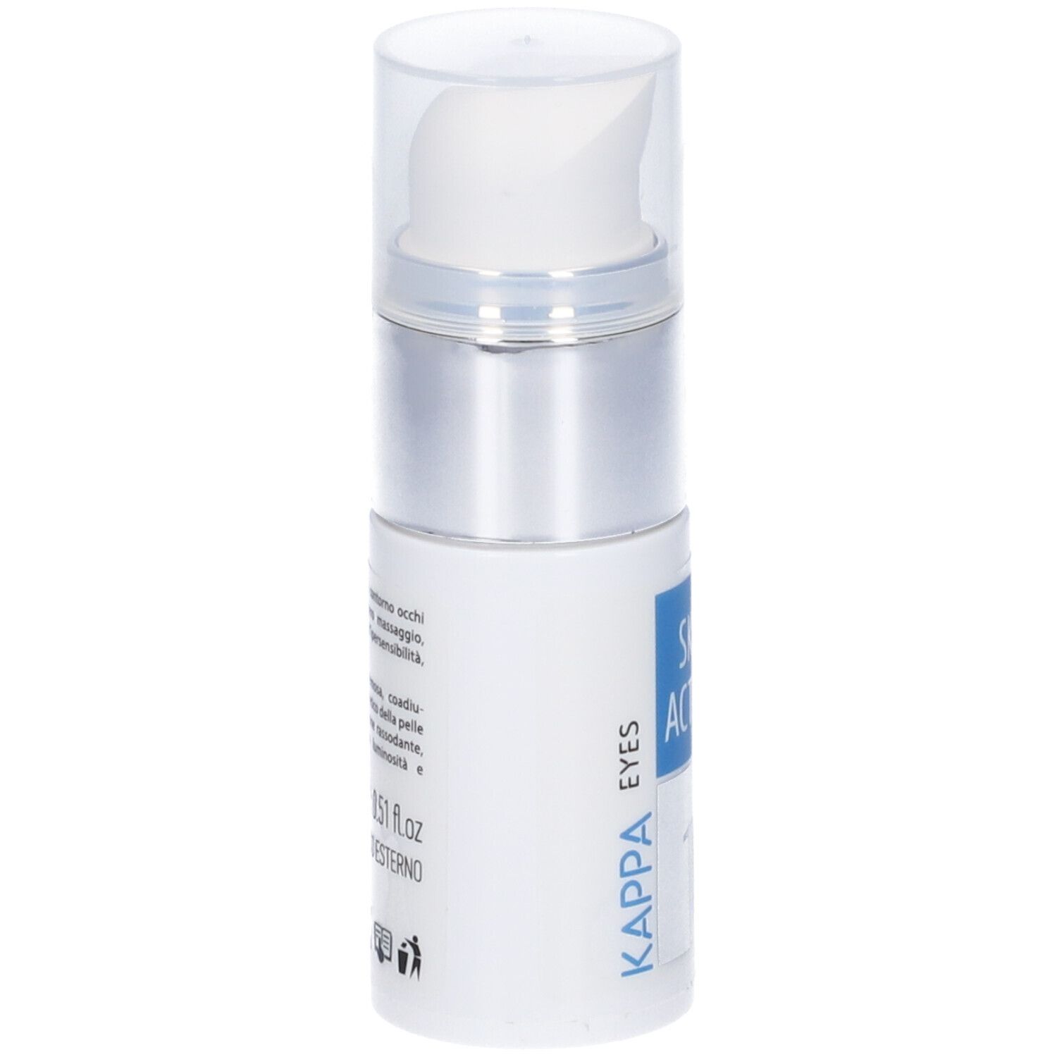 Flacone Skin Action Kappa Eyes. Bianco, tappo argento. Scritta blu.