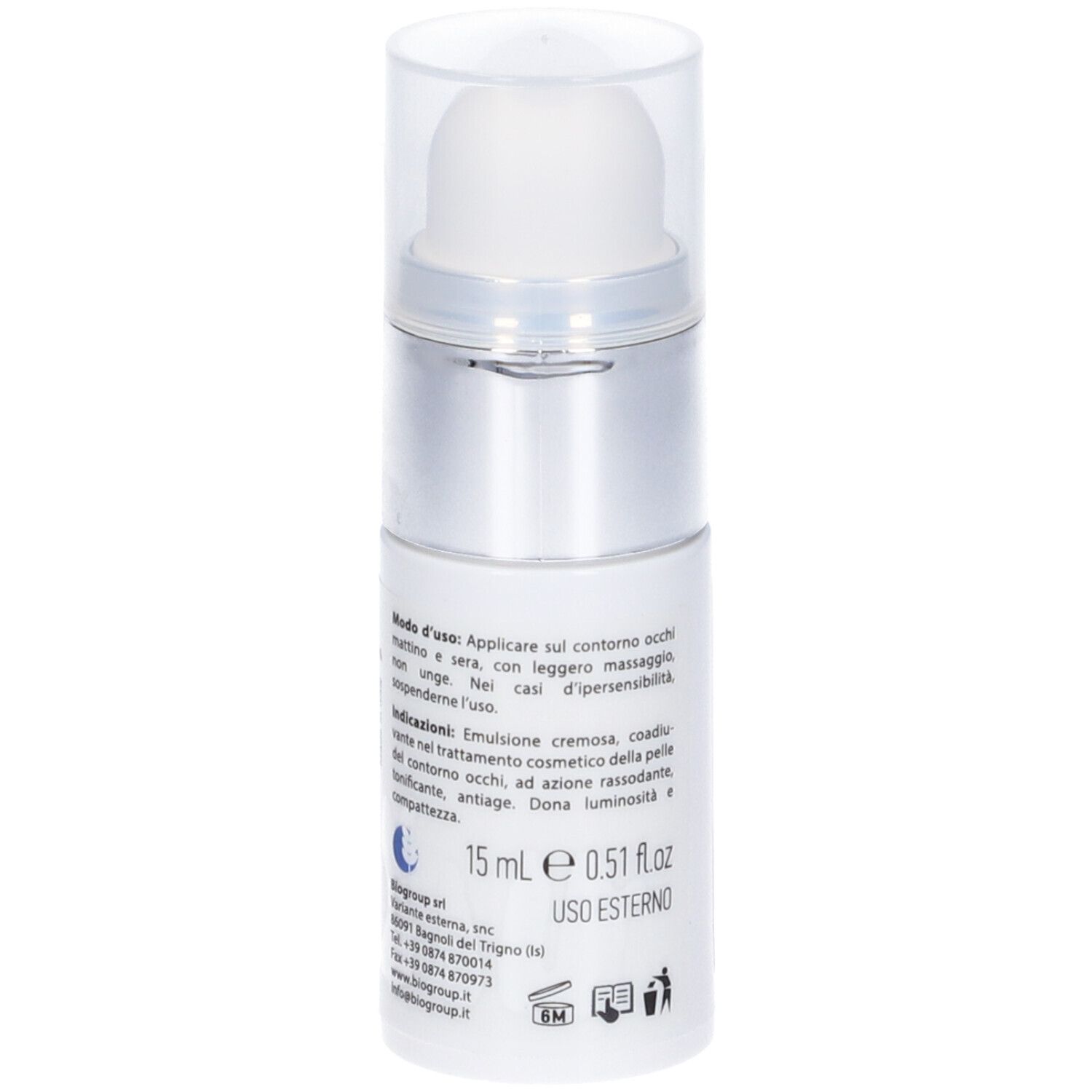 Flacone Skin Action Kappa Eyes. Bianco, tappo argento. Scritta blu. Testo in italiano.