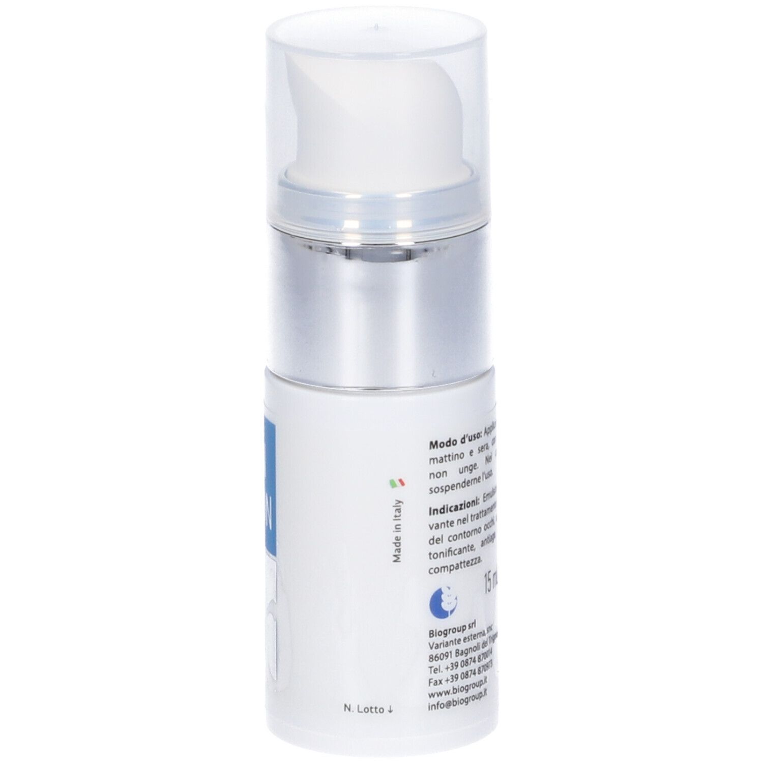 Flacone Skin Action Kappa Eyes. Bianco, tappo argento. Scritta blu. Testo in italiano.