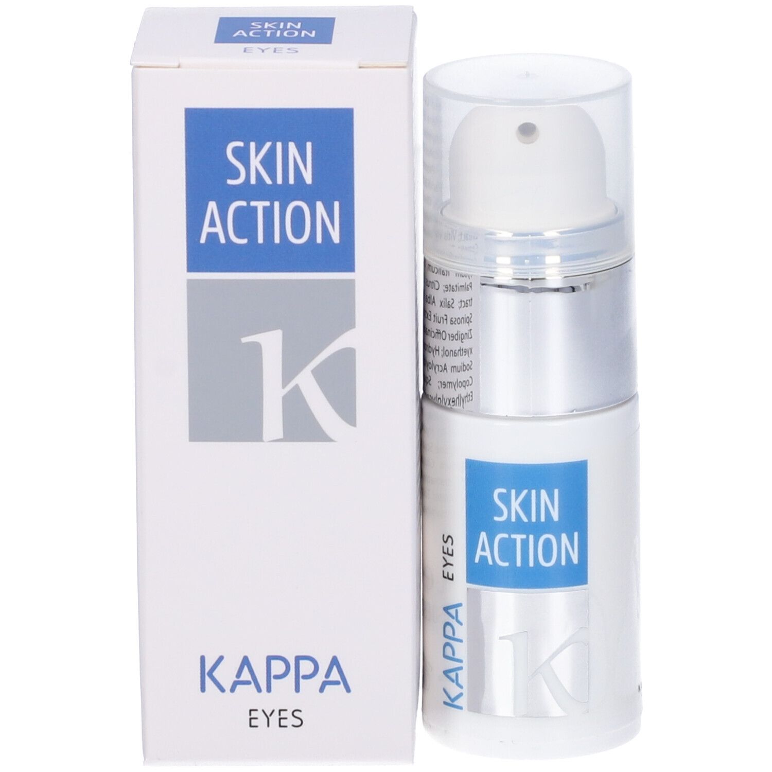 Flacone e confezione Skin Action Kappa Eyes. Bianco, logo e scritta blu.