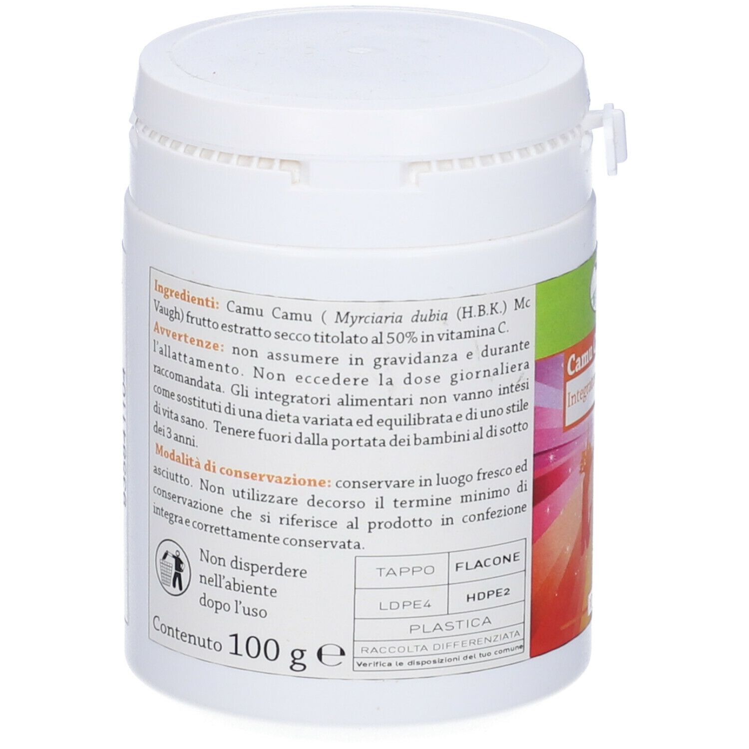 Contenitore cilindrico bianco con etichetta verde. Scritta: Camu Camu 50%, Integratore alimentare. 100 g.