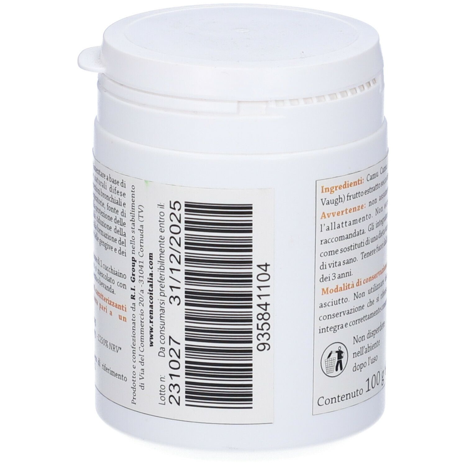 Contenitore cilindrico bianco con etichetta verde. Scritta: Camu Camu 50%, Integratore alimentare. 100 g.