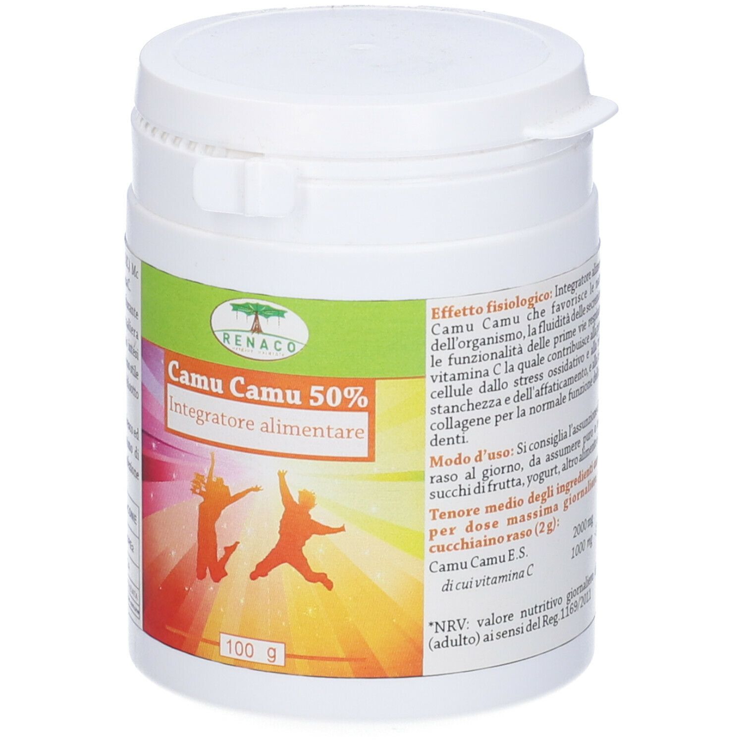 Contenitore cilindrico bianco con etichetta verde. Scritta: Camu Camu 50%, Integratore alimentare. 100 g.