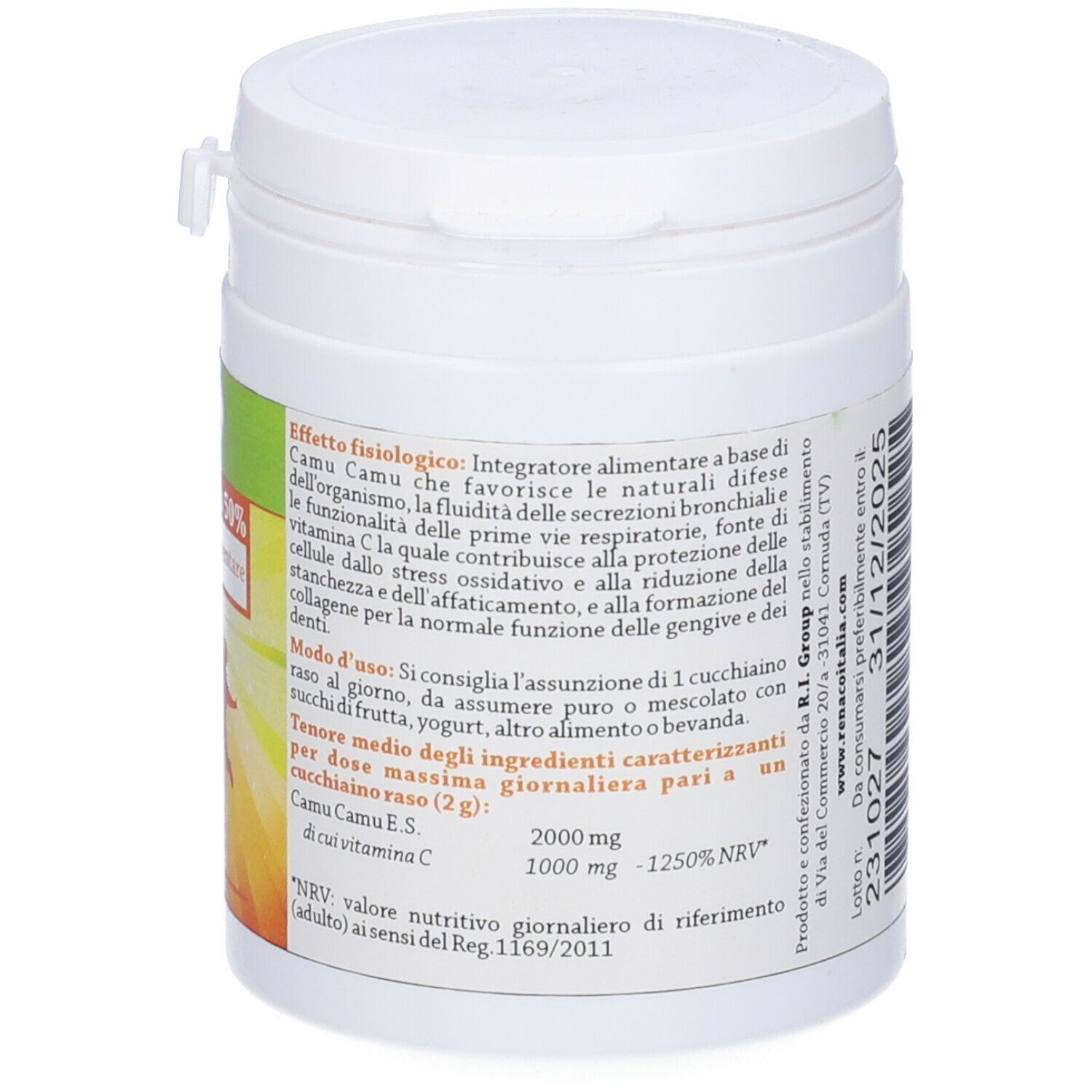 Contenitore cilindrico bianco con etichetta verde. Scritta: Camu Camu 50%, Integratore alimentare. 100 g.