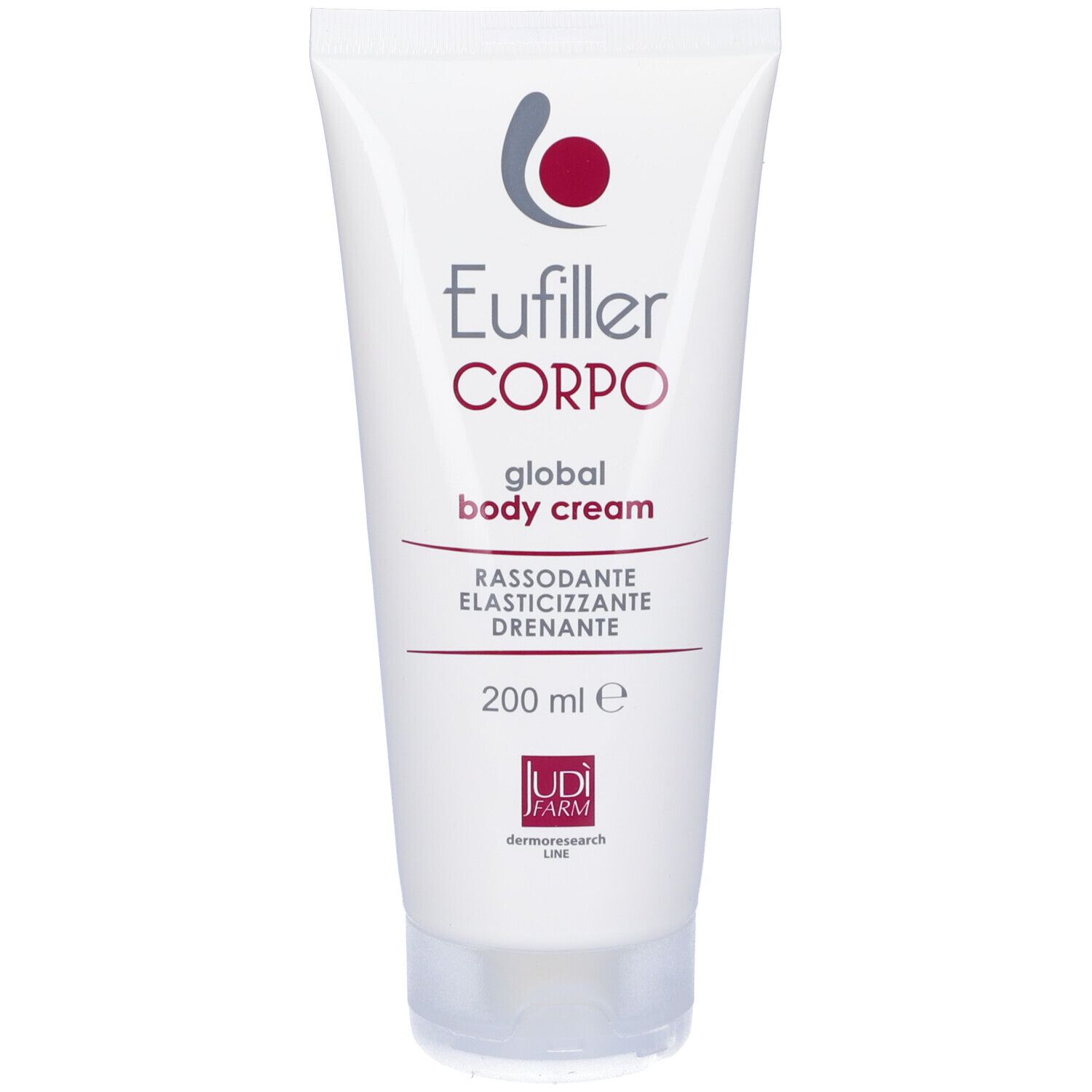 Tubo bianco con scritta: Eufiller Corpo, global body cream, 200 ml. Con logo.
