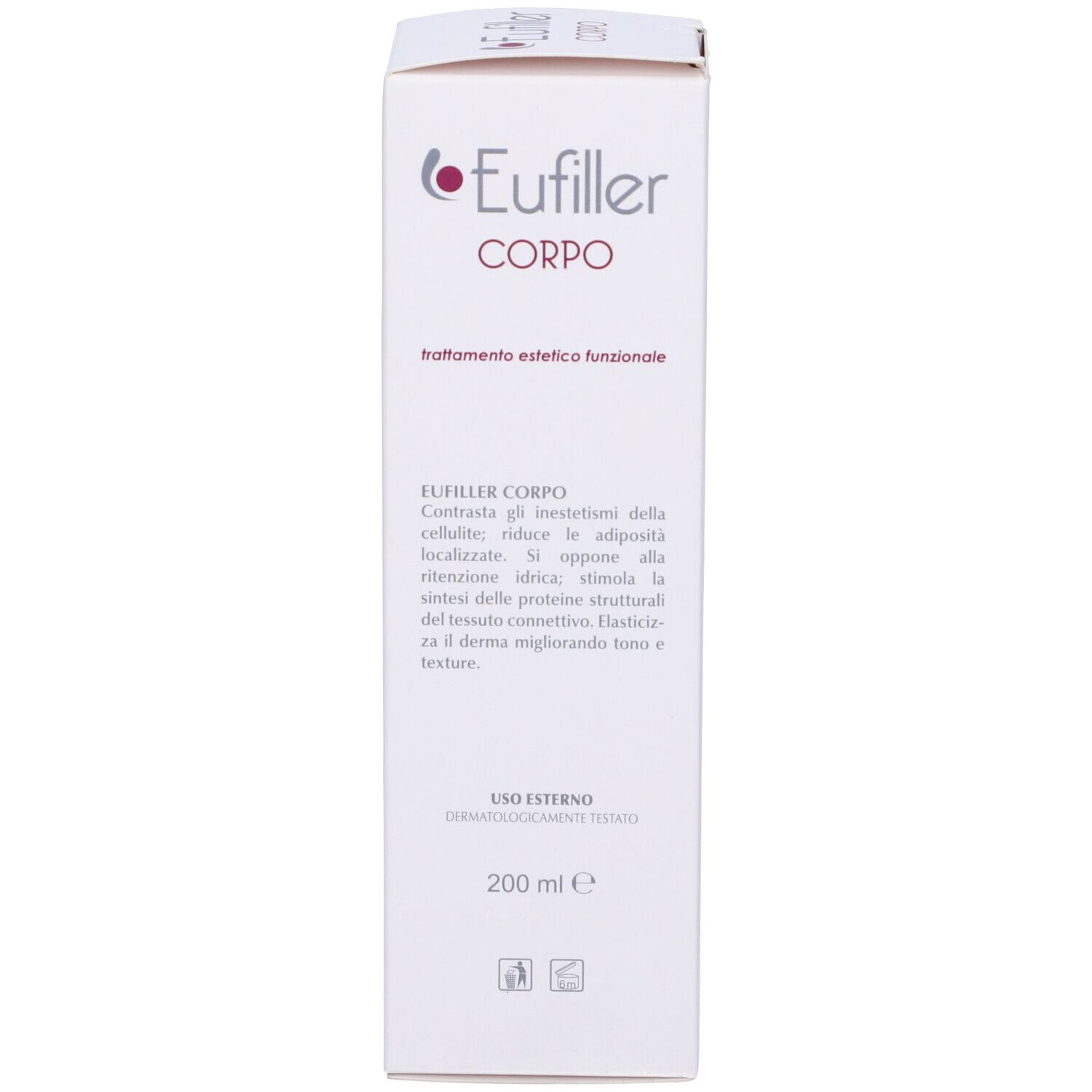 Retro della scatola. Testo: Eufiller Corpo, trattamento. 200 ml.