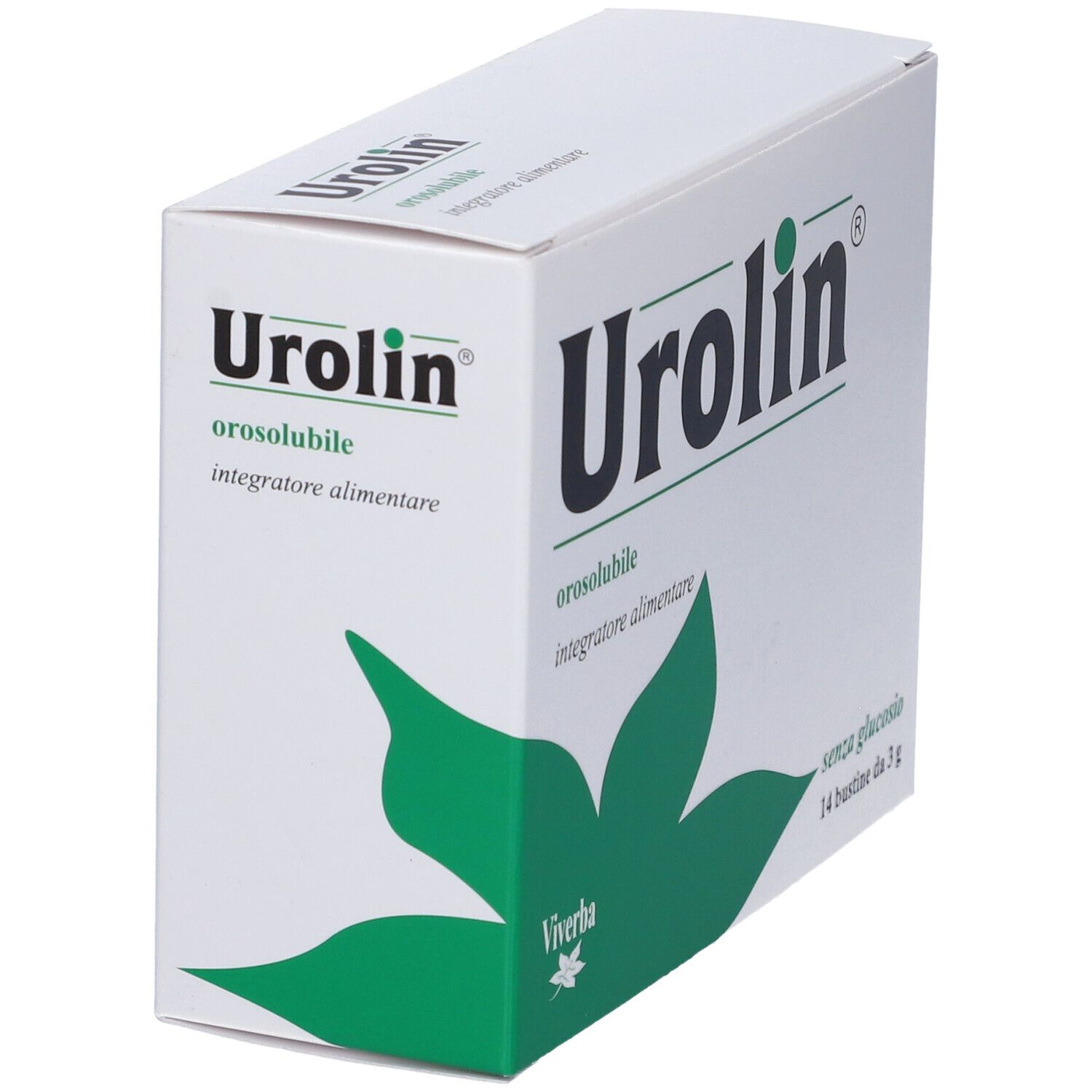 Scatola Urolin bianca, logo e foglie verdi. Testo: orosolubile, integratore alimentare.