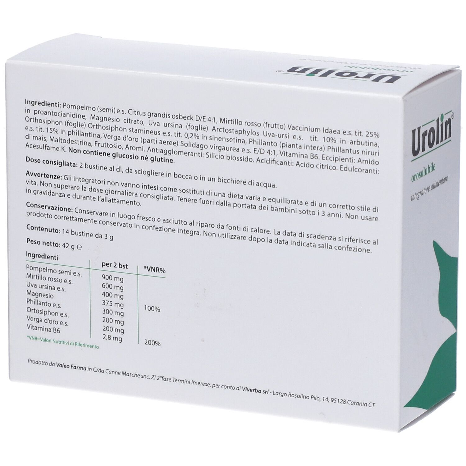 Retro scatola Urolin con ingredienti e informazioni nutrizionali. Testo in italiano.