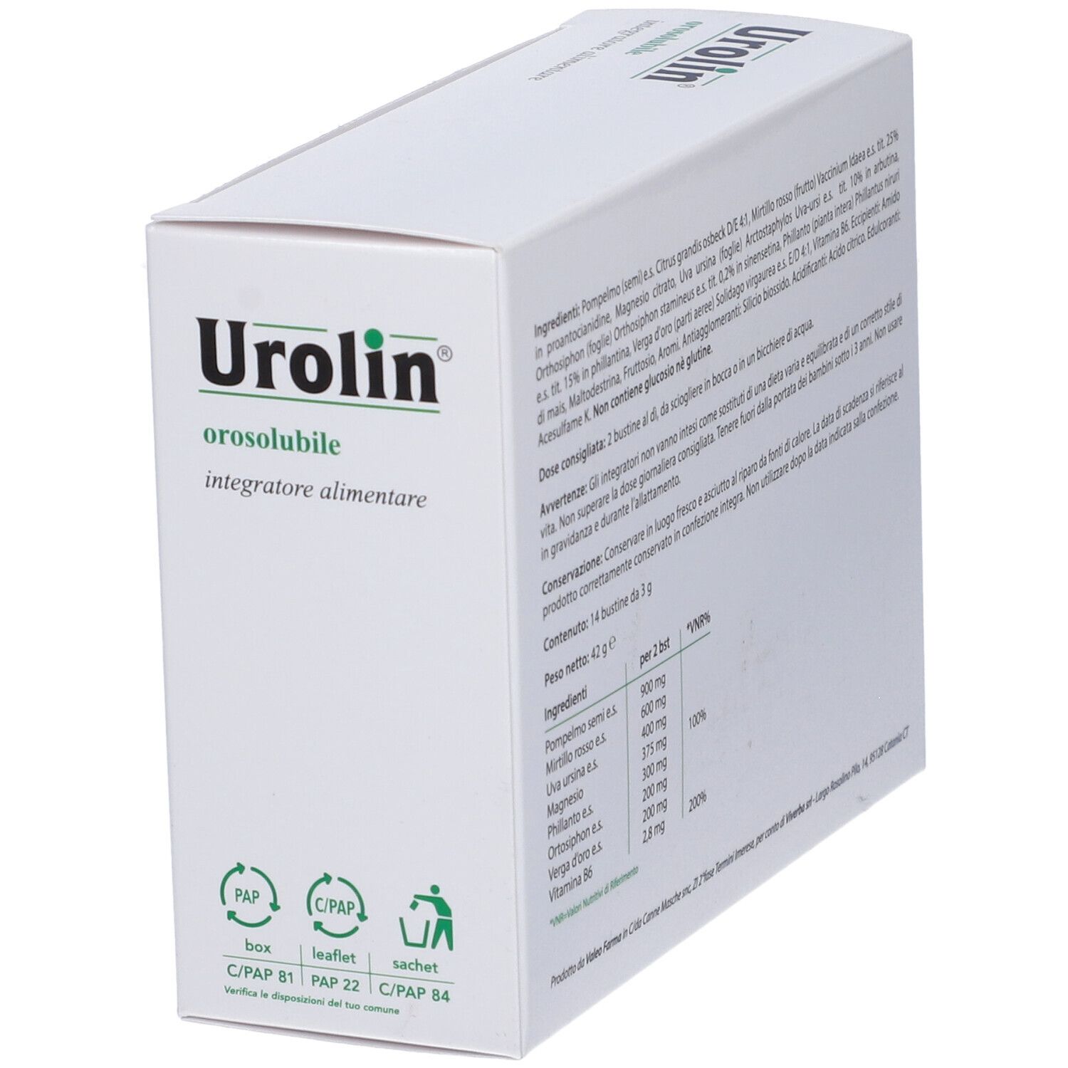 Scatola Urolin, retro con ingredienti e informazioni nutrizionali. Testo in italiano.