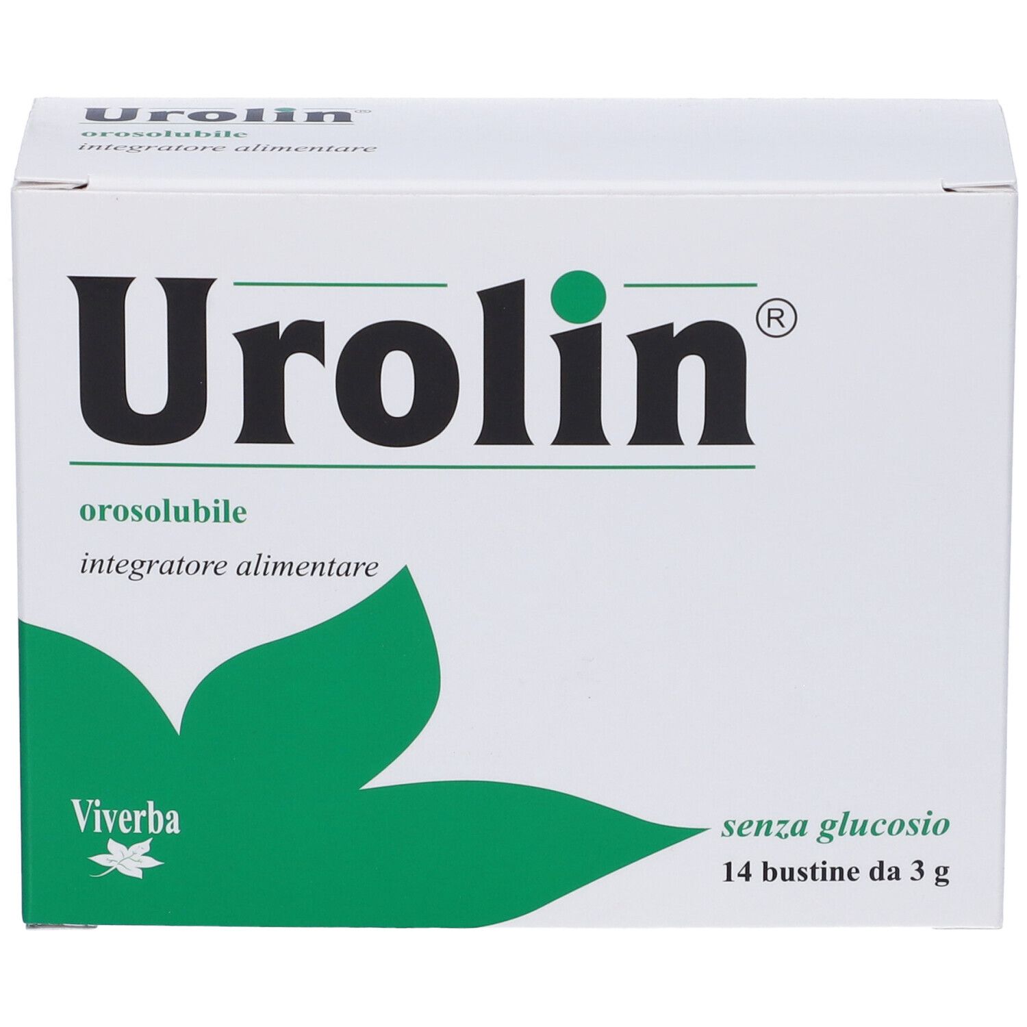 Scatola bianca Urolin, foglie verdi, testo. Contiene 14 bustine da 3 g.