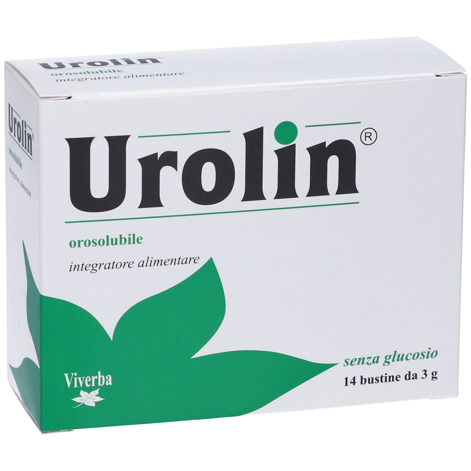 Scatola bianca Urolin, foglie verdi, testo. Contiene 14 bustine da 3 g.