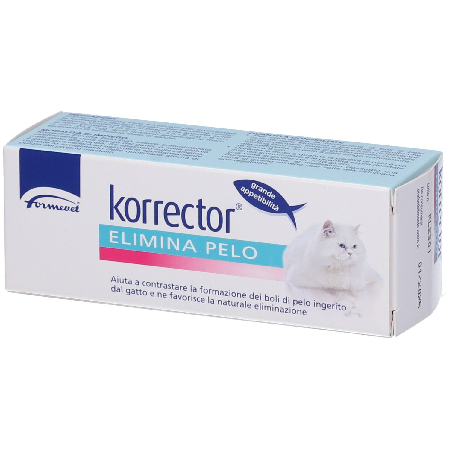 Scatola Korrector Elimina Pelo Gatto. Nome prodotto, logo e gatto bianco. Testo in italiano.