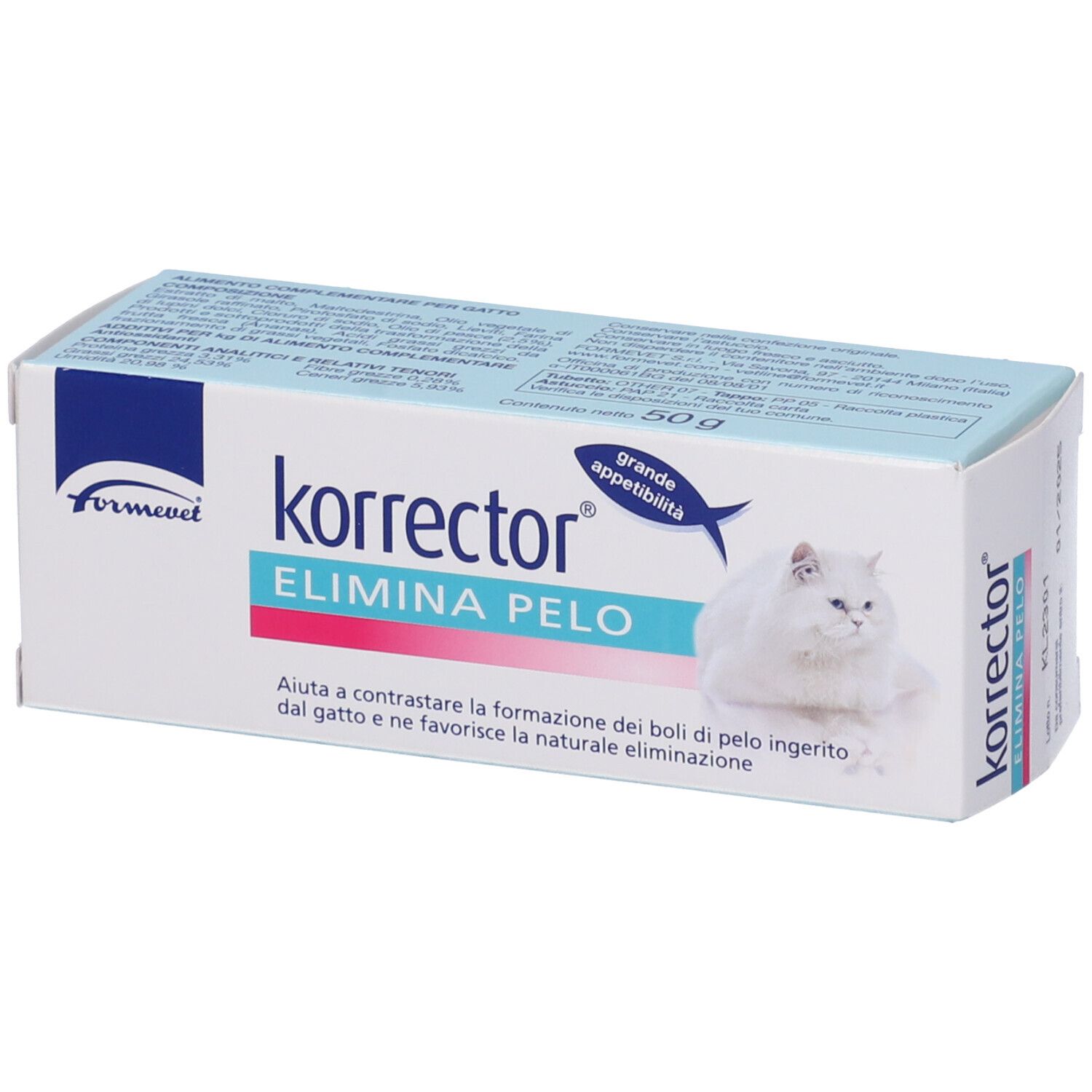 Scatola Korrector Elimina Pelo Gatto. Nome prodotto, logo e gatto bianco. Testo in italiano.